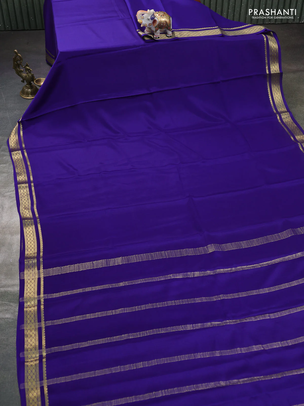 Pure mysore silk saree blue with plain body and zari woven border - Image 2