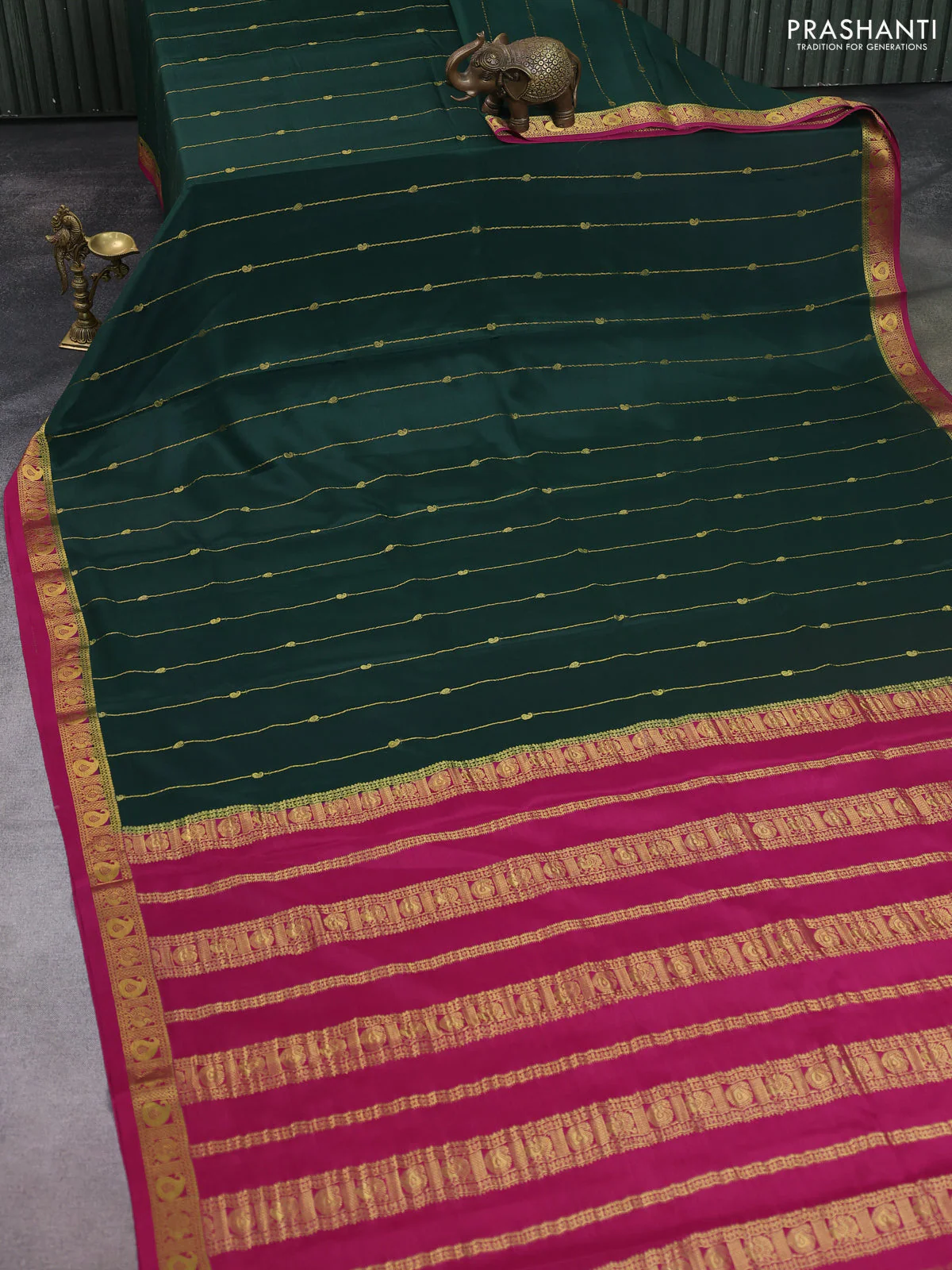 Pure mysore silk saree bottle green and magenta pink with allover zari stripes pattern & buttas and zari woven border - Image 2