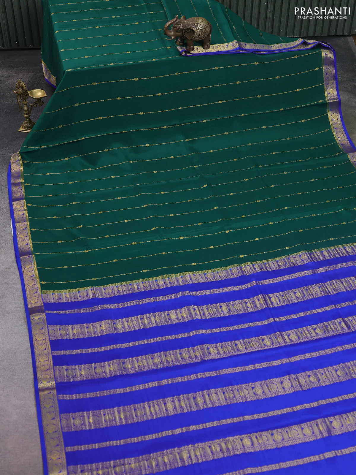 Pure mysore silk saree bottle green and royal blue with allover zari stripes pattern & buttas and zari woven border - Image 2