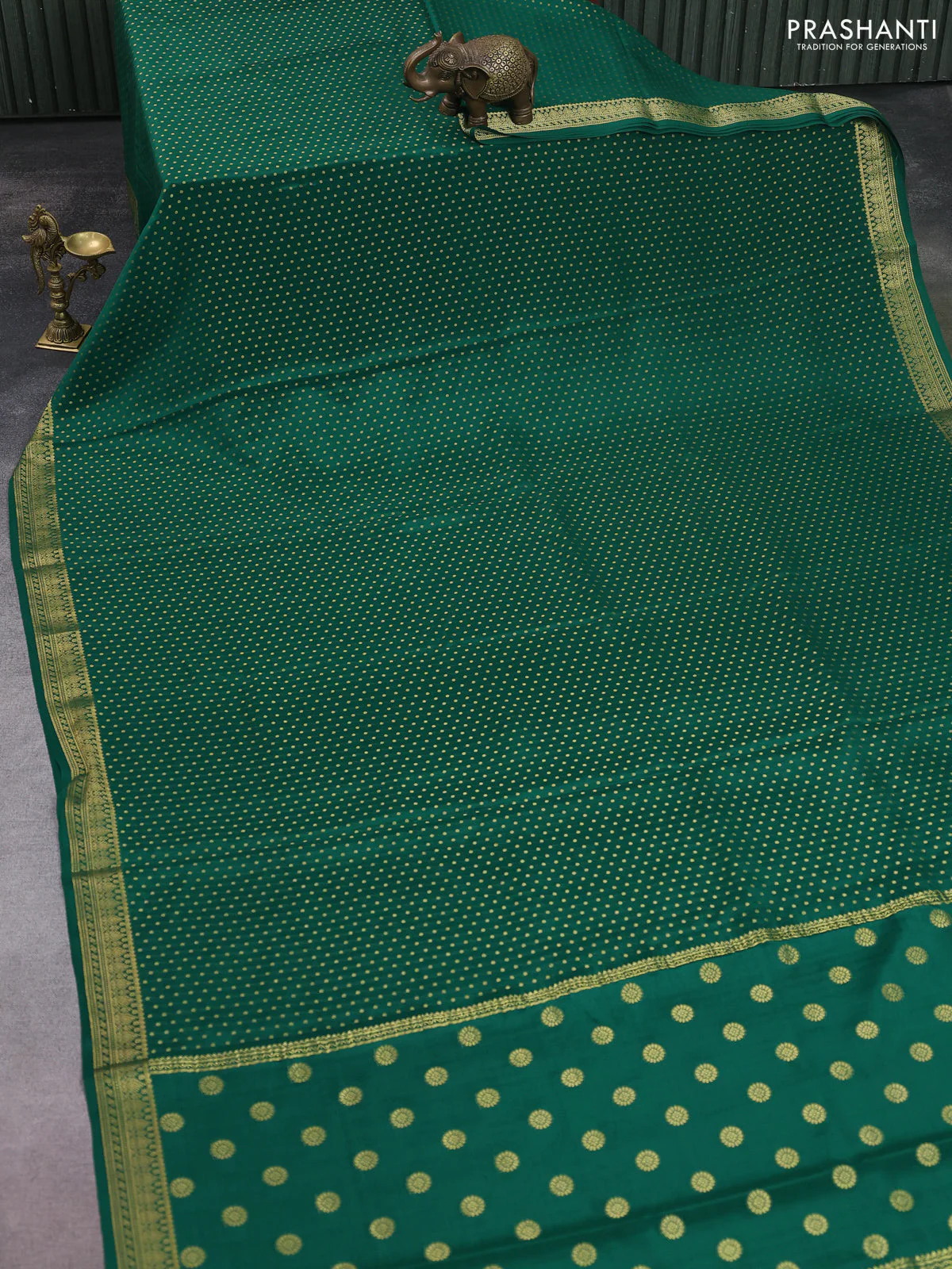 Pure mysore silk saree bottle green with allover zari woven buttas and zari woven border - Image 2