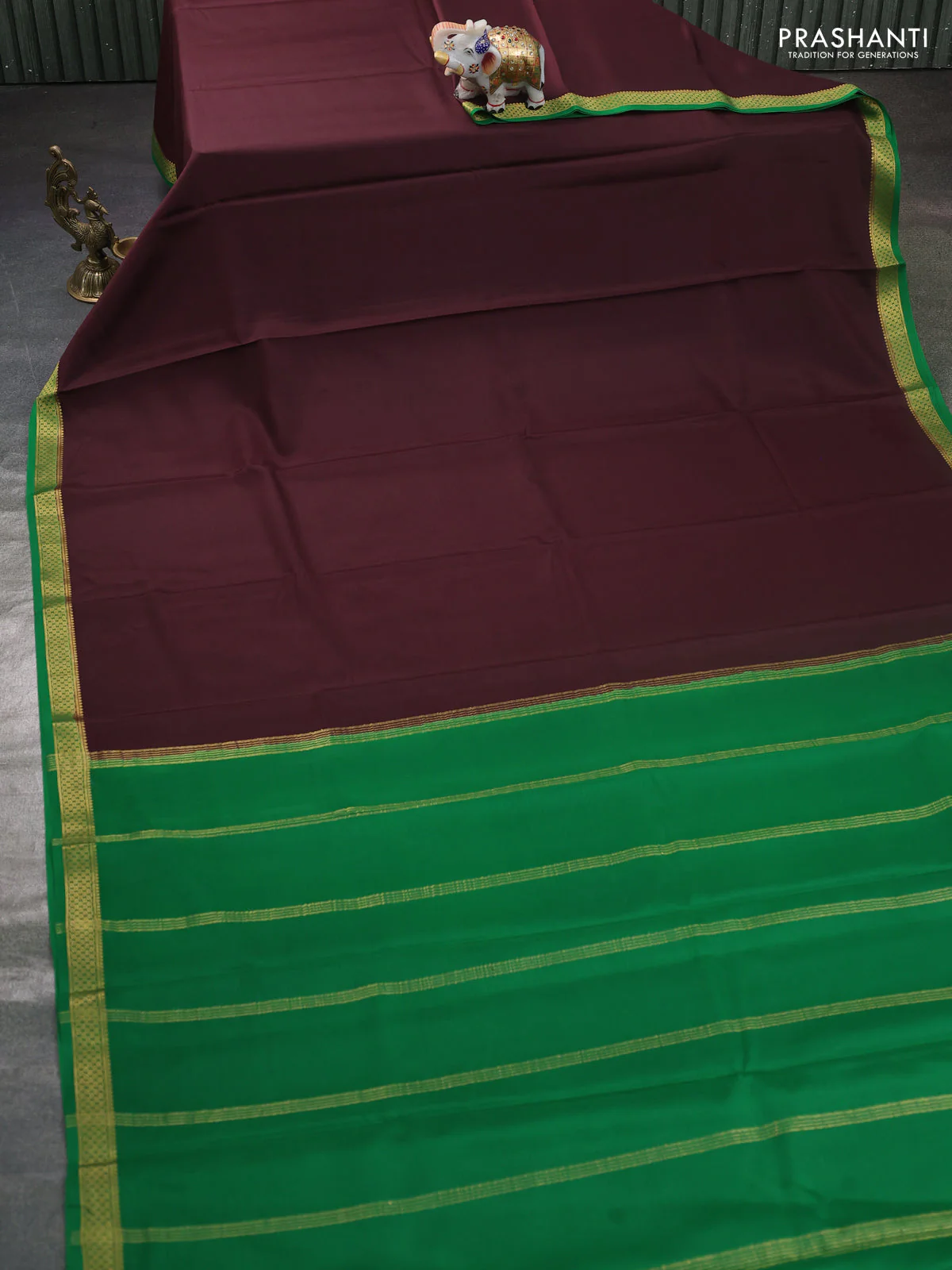Pure mysore silk saree coffee brown and green with plain body and zari woven border - Image 2