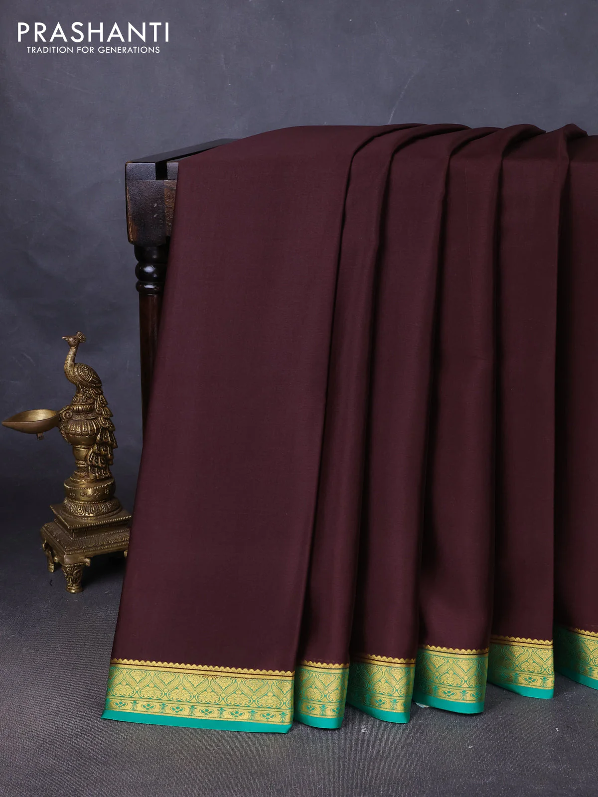 Pure mysore silk saree coffee brown and green with plain body and zari woven border