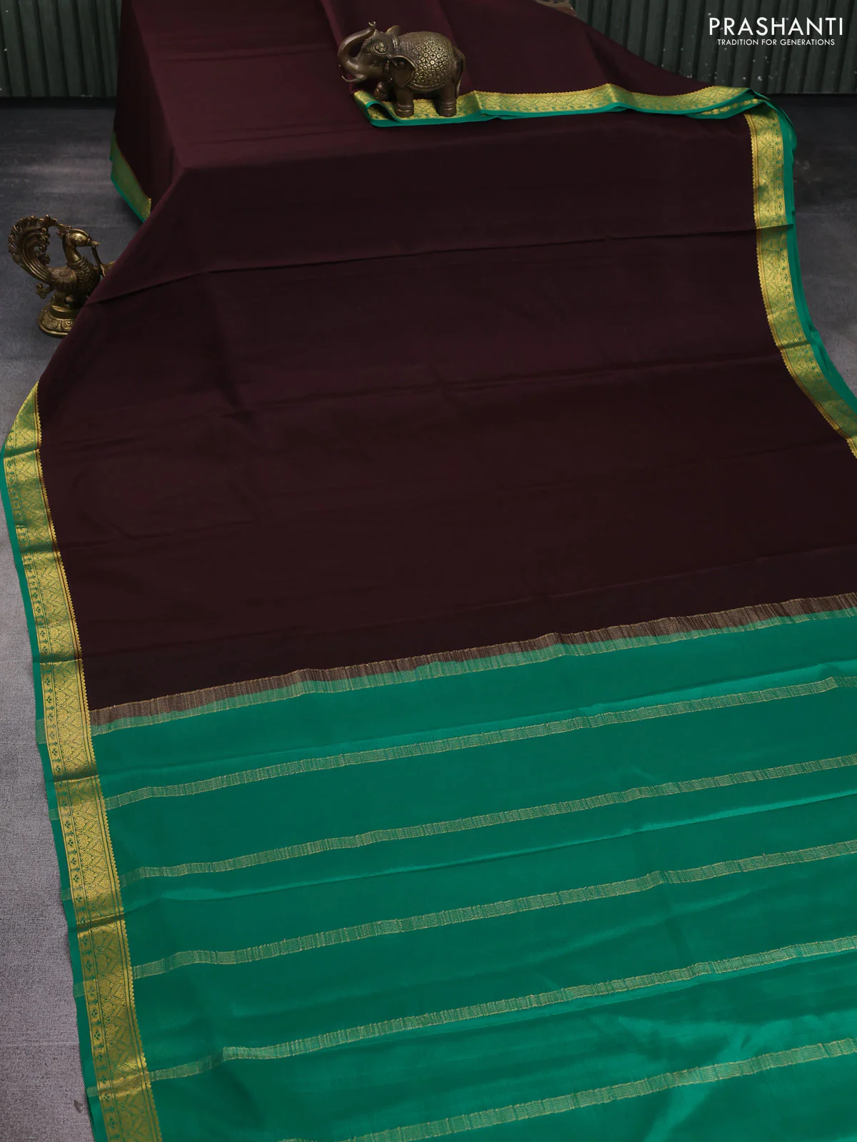 Pure mysore silk saree coffee brown and green with plain body and zari woven border - Image 2