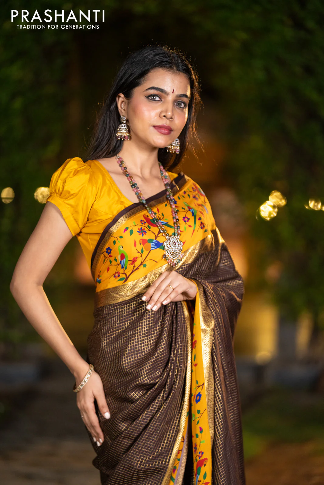 Pure mysore silk saree coffee brown and mustard yellow with allover small checked pattern and rettapet zari woven printed border - Image 10