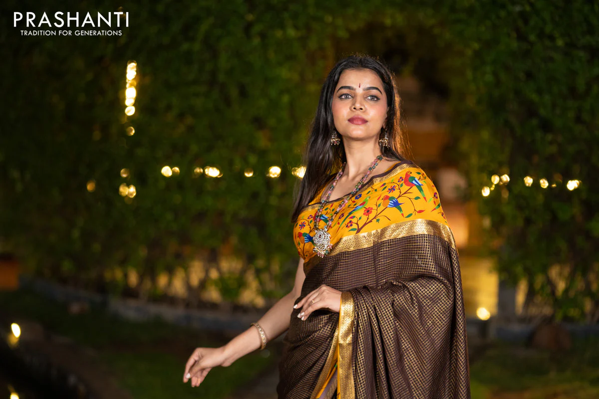 Pure mysore silk saree coffee brown and mustard yellow with allover small checked pattern and rettapet zari woven printed border - Image 11