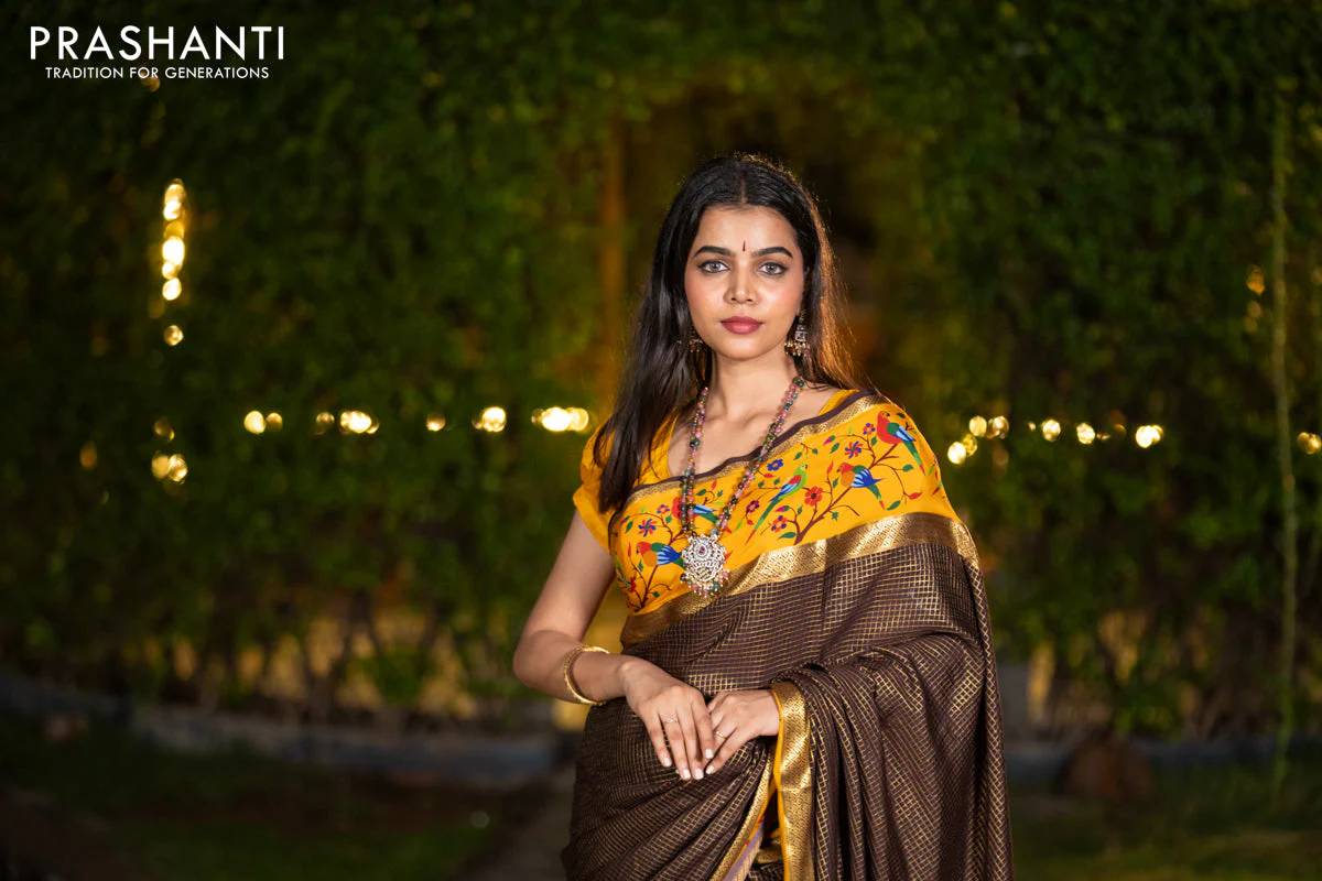 Pure mysore silk saree coffee brown and mustard yellow with allover small checked pattern and rettapet zari woven printed border - Image 12