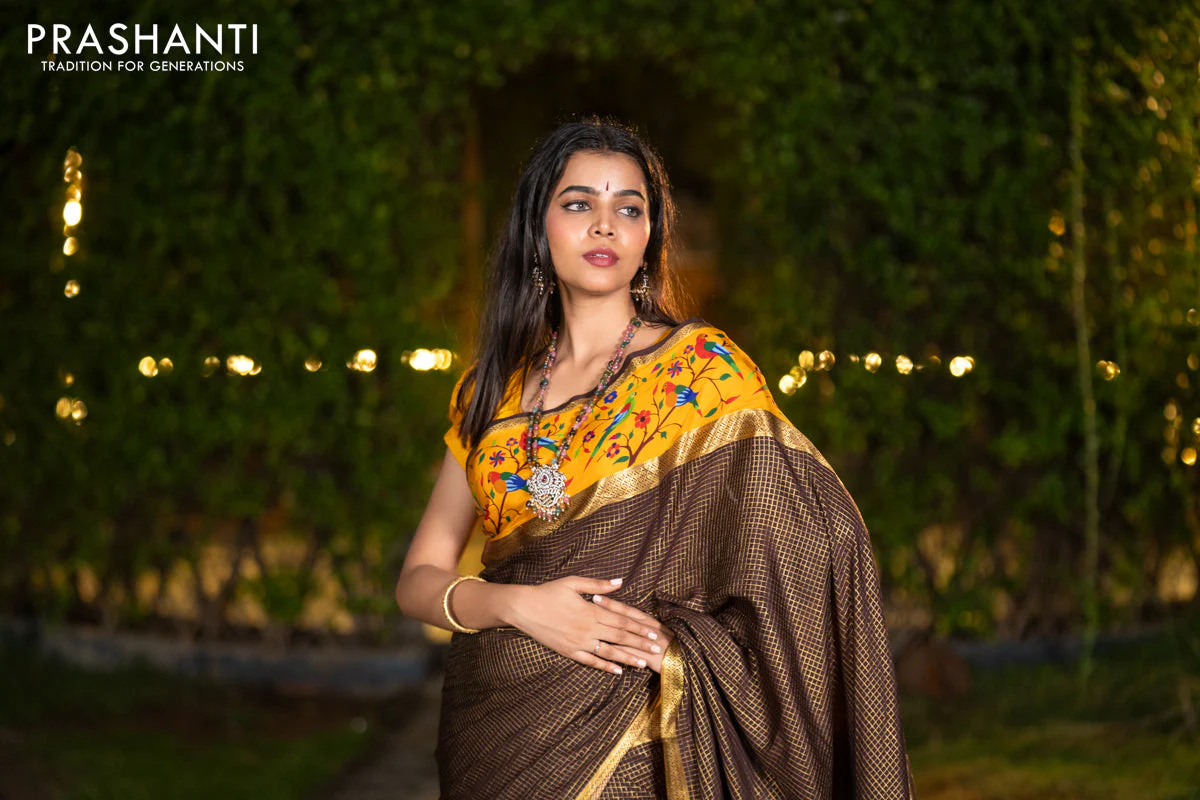 Pure mysore silk saree coffee brown and mustard yellow with allover small checked pattern and rettapet zari woven printed border - Image 13