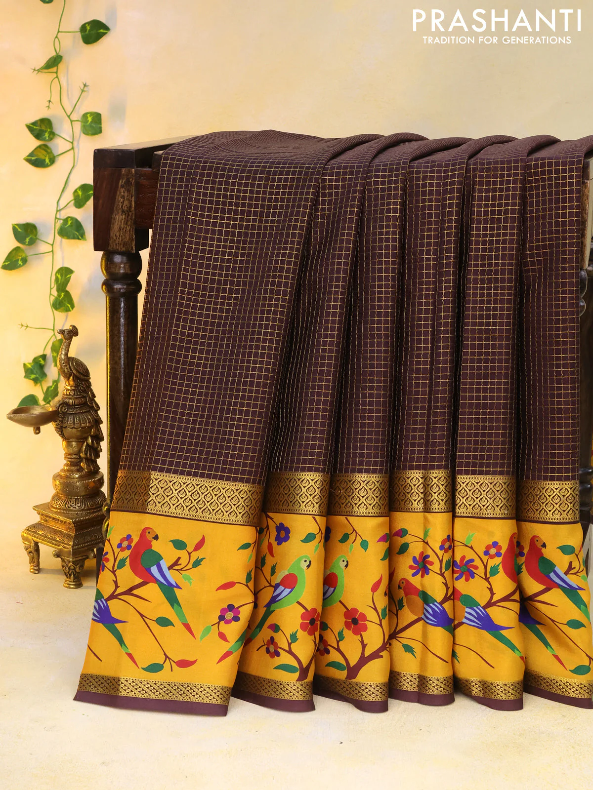 Pure mysore silk saree coffee brown and mustard yellow with allover small checked pattern and rettapet zari woven printed border - Image 14