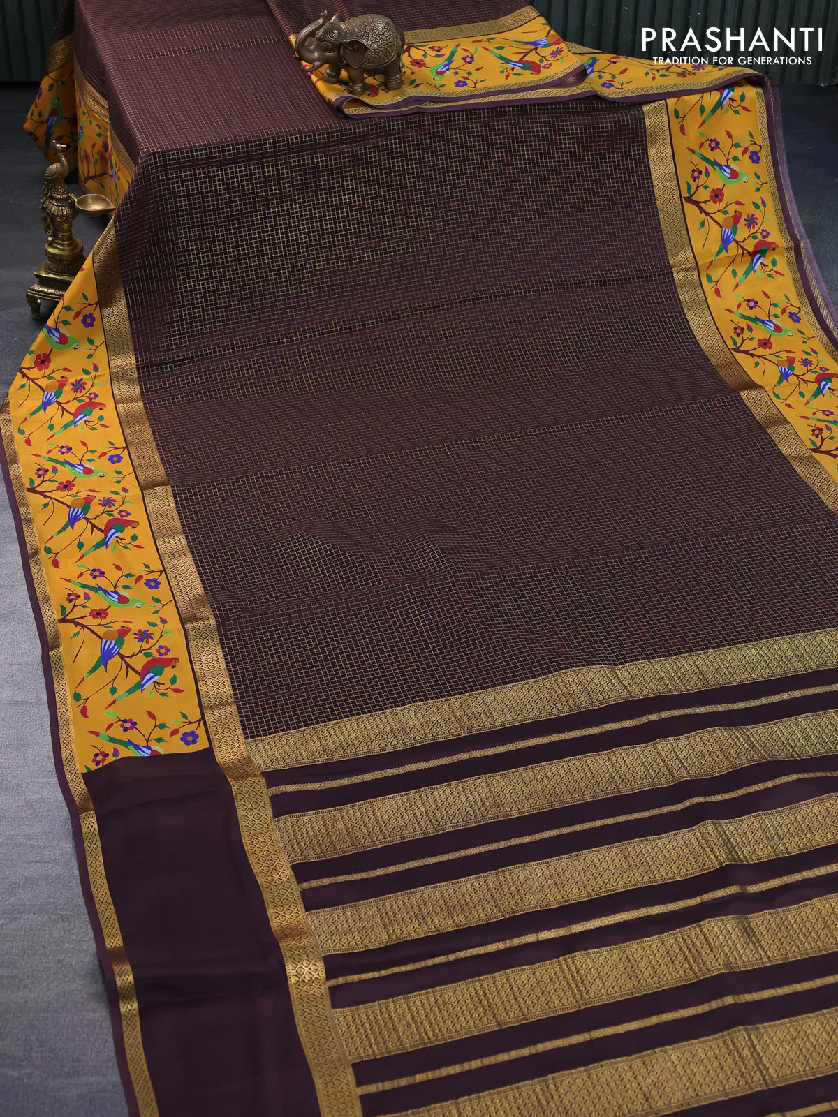 Pure mysore silk saree coffee brown and mustard yellow with allover small checked pattern and rettapet zari woven printed border - Image 15