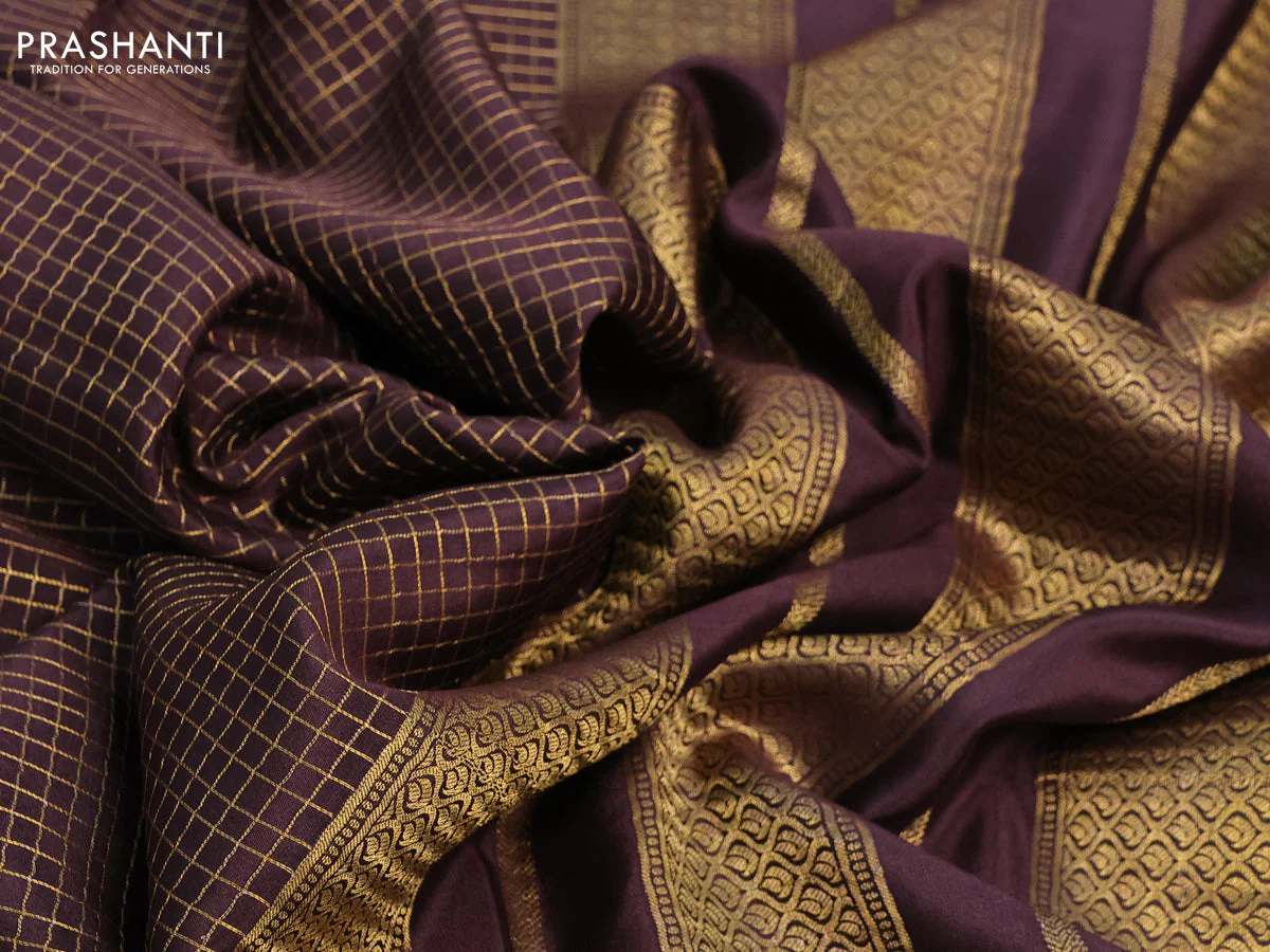 Pure mysore silk saree coffee brown and mustard yellow with allover small checked pattern and rettapet zari woven printed border - Image 16
