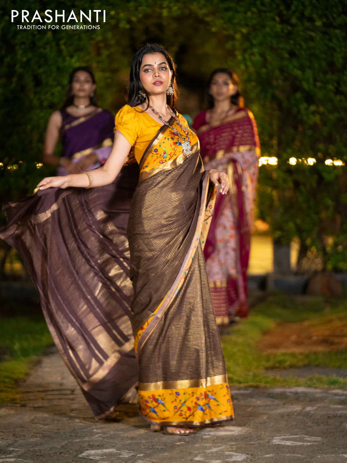 Pure mysore silk saree coffee brown and mustard yellow with allover small checked pattern and rettapet zari woven printed border - Image 3