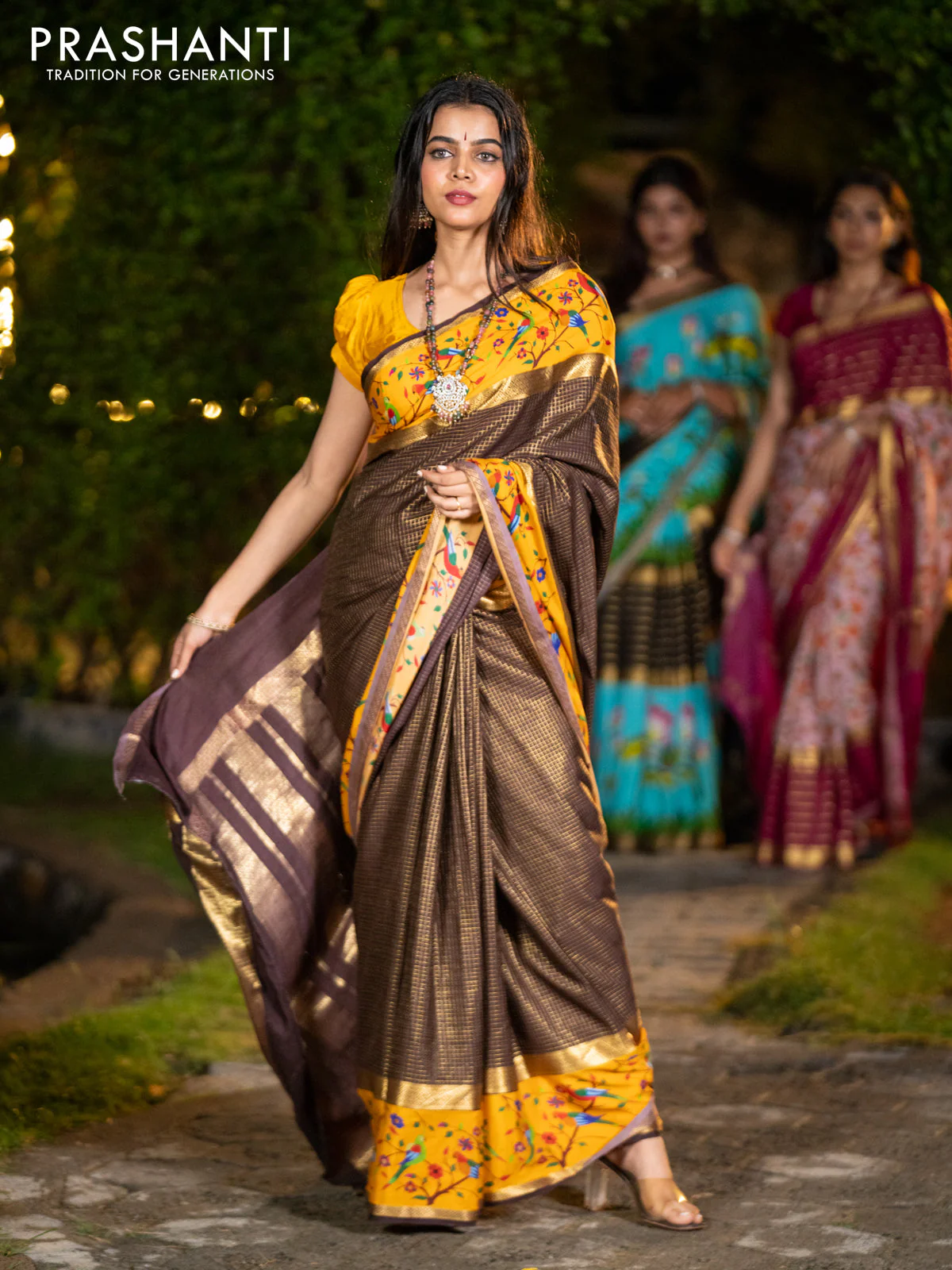Pure mysore silk saree coffee brown and mustard yellow with allover small checked pattern and rettapet zari woven printed border - Image 4