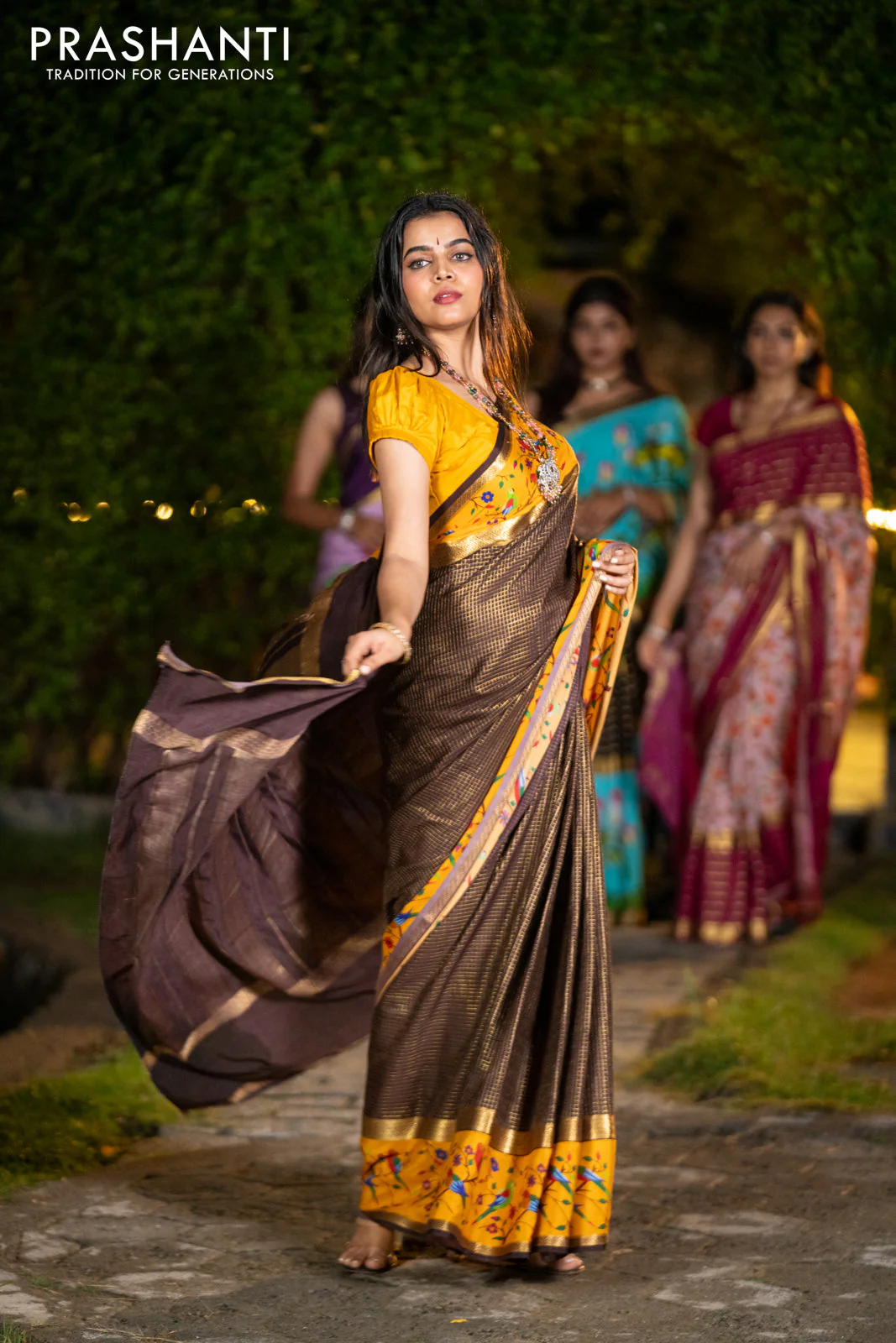 Pure mysore silk saree coffee brown and mustard yellow with allover small checked pattern and rettapet zari woven printed border - Image 5