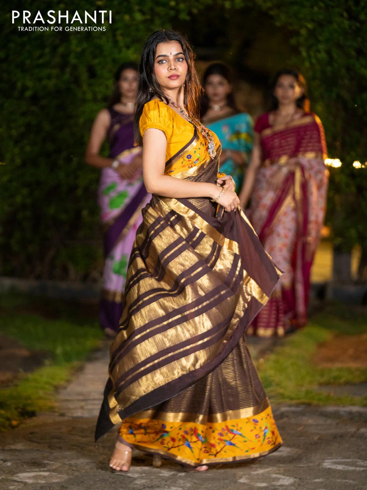 Pure mysore silk saree coffee brown and mustard yellow with allover small checked pattern and rettapet zari woven printed border - Image 6
