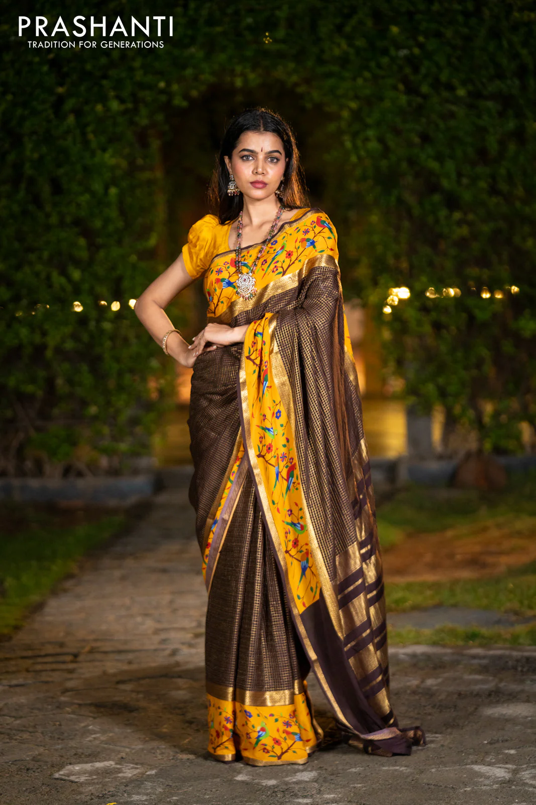 Pure mysore silk saree coffee brown and mustard yellow with allover small checked pattern and rettapet zari woven printed border - Image 7