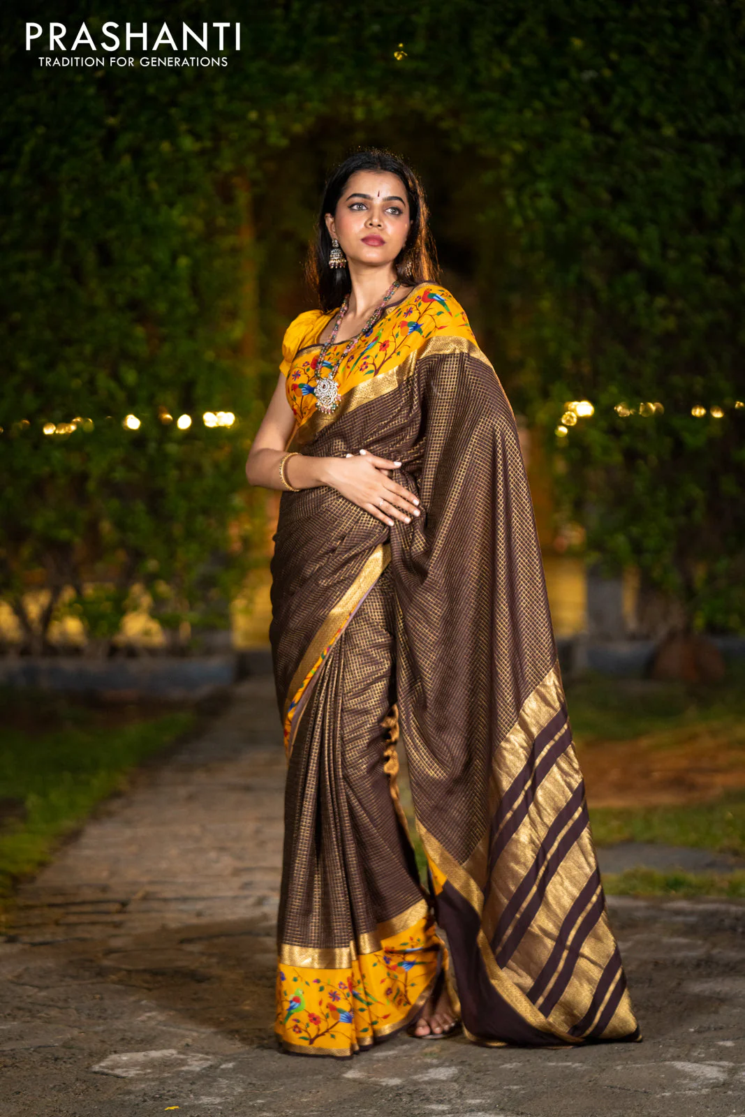Pure mysore silk saree coffee brown and mustard yellow with allover small checked pattern and rettapet zari woven printed border - Image 8