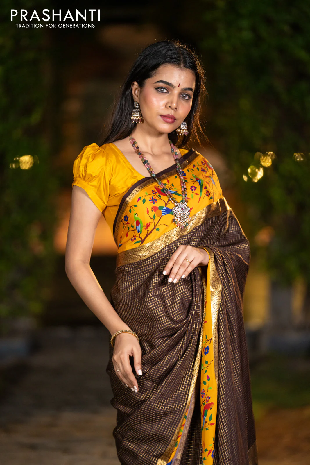 Pure mysore silk saree coffee brown and mustard yellow with allover small checked pattern and rettapet zari woven printed border - Image 9