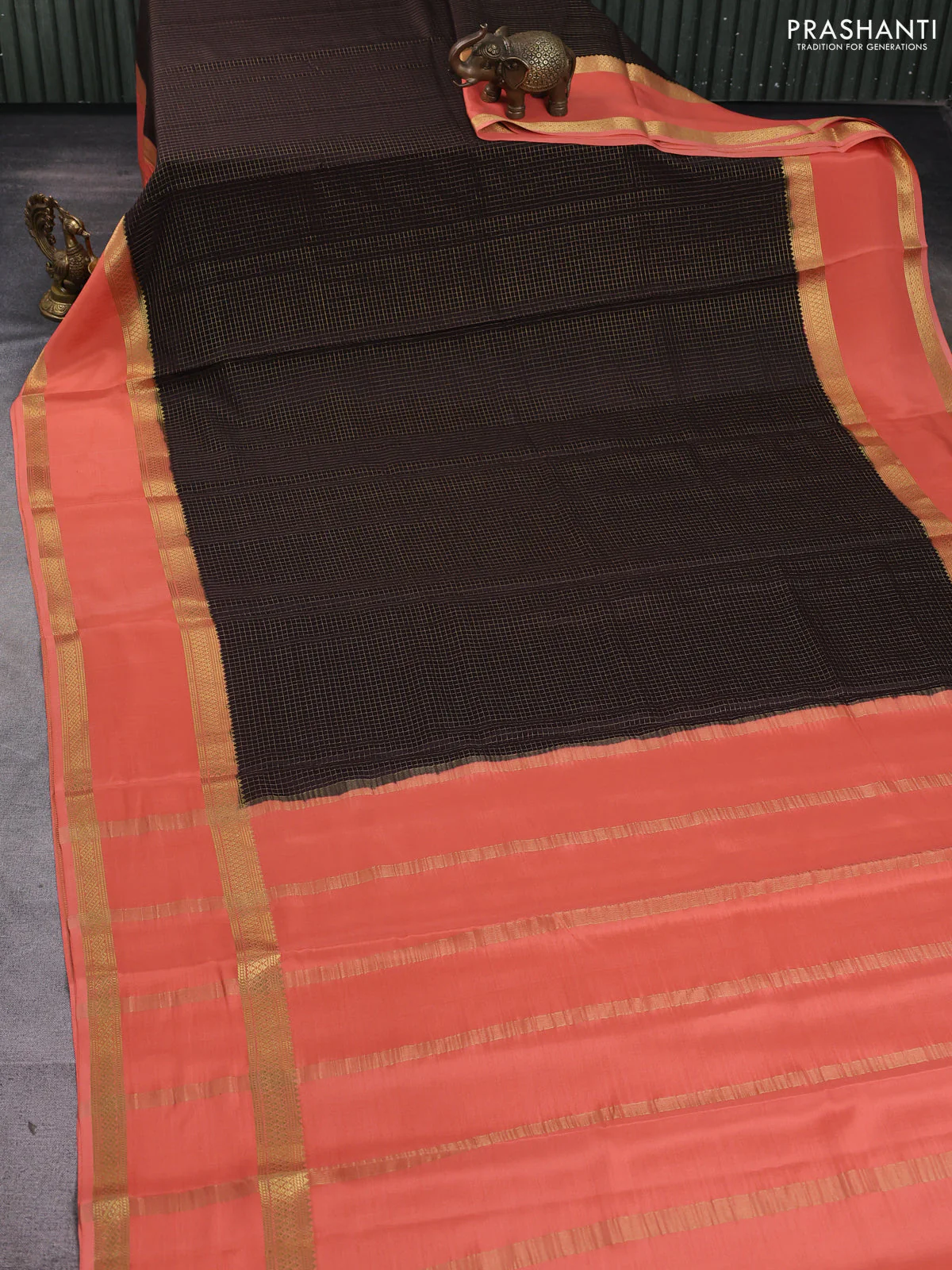 Pure mysore silk saree coffee brown and peach orange with allover zari woven checked pattern and rettapet zari woven border - Image 2