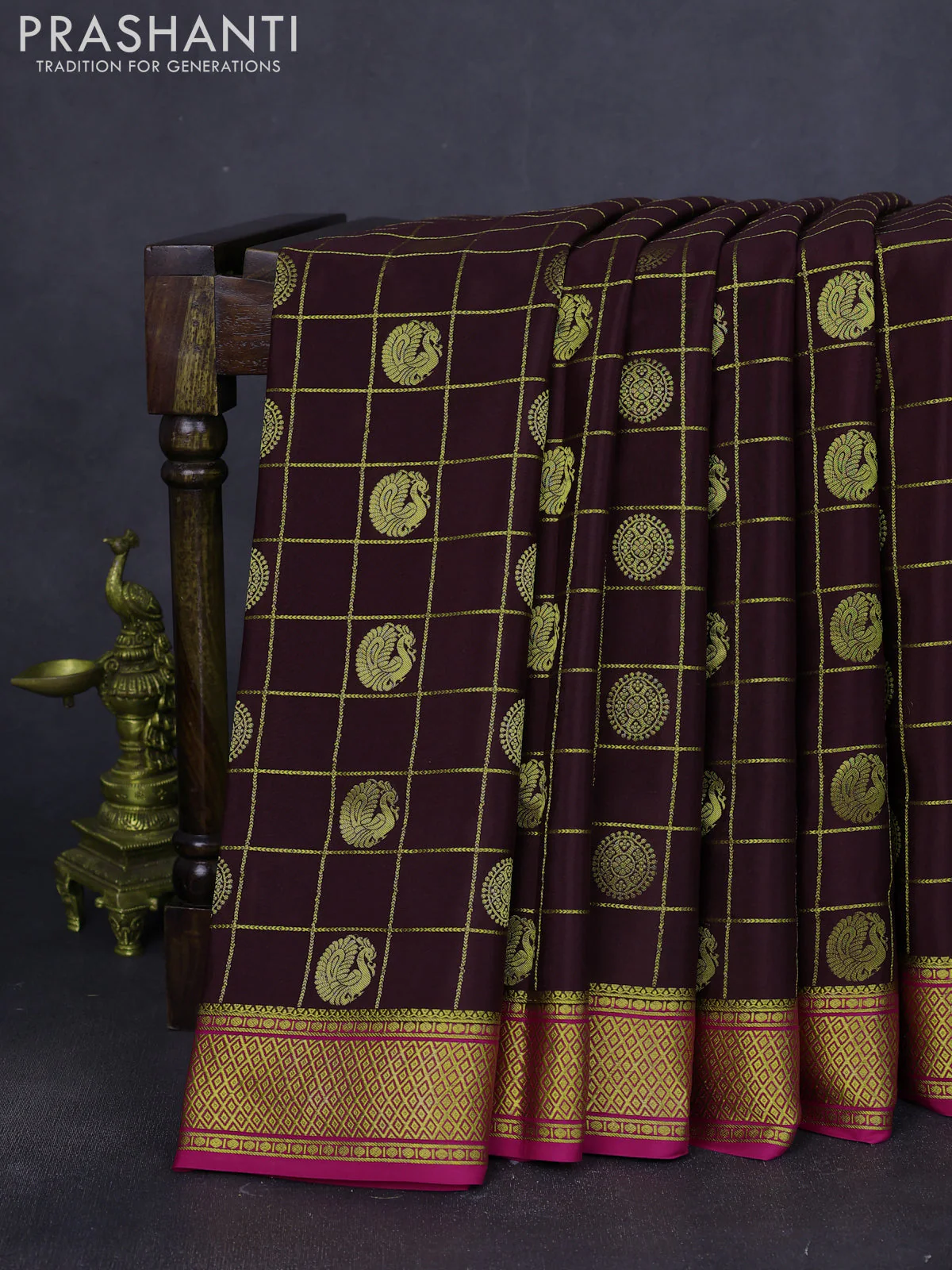 Pure mysore silk saree coffee brown and pink with allover zari checks & buttas and zari woven border