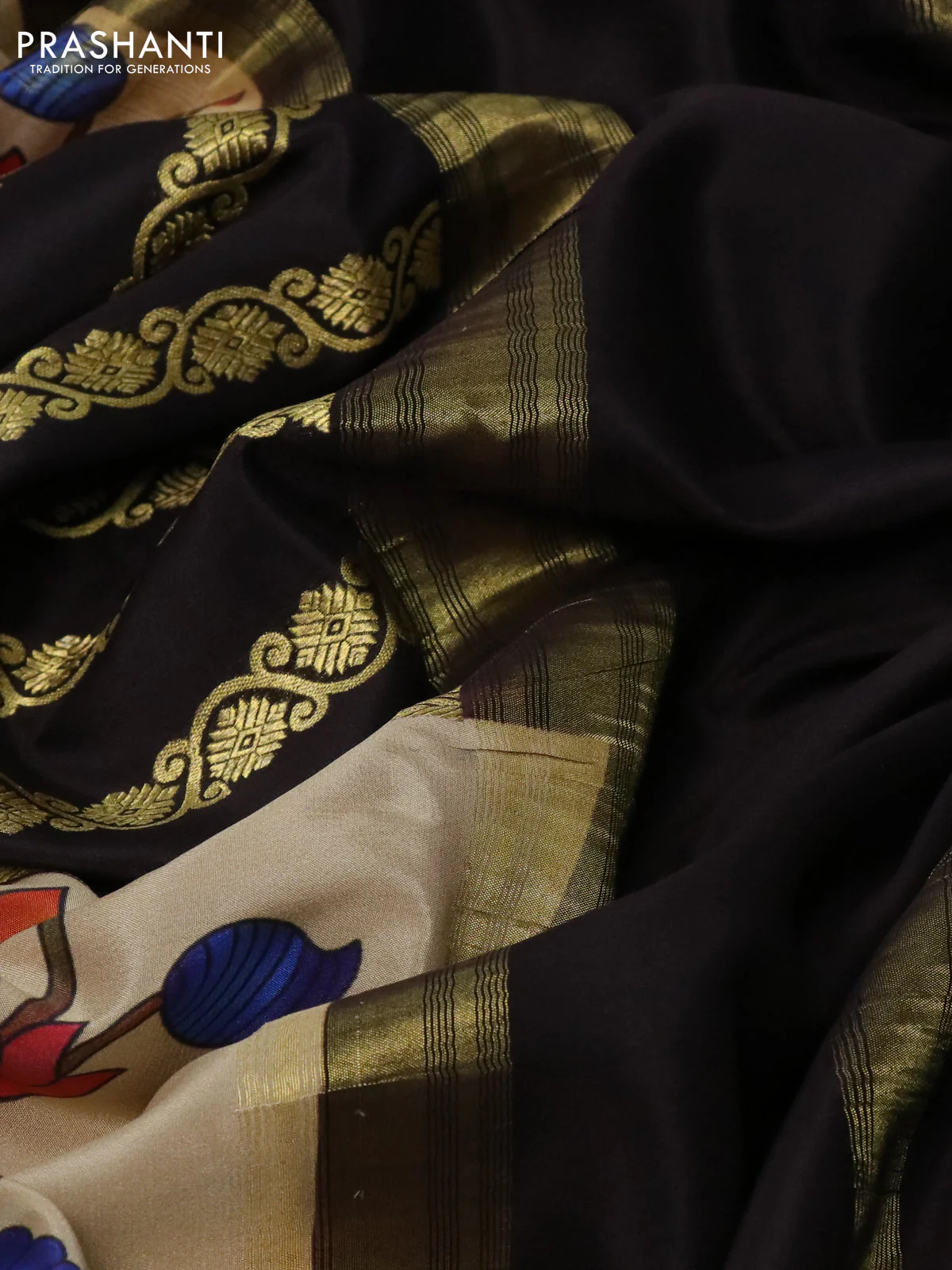 Pure mysore silk saree coffee brown and sandal with zari weaves and long kalamkari printed zari border - Image 3