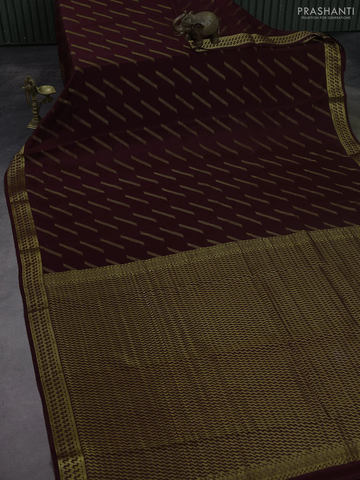 Pure mysore silk saree coffee brown with allover zari woven buttas and zari woven border - Image 2