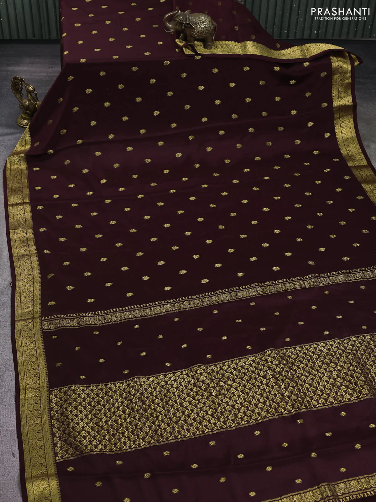 Pure mysore silk saree coffee brown with allover zari woven buttas and zari woven border - Image 2