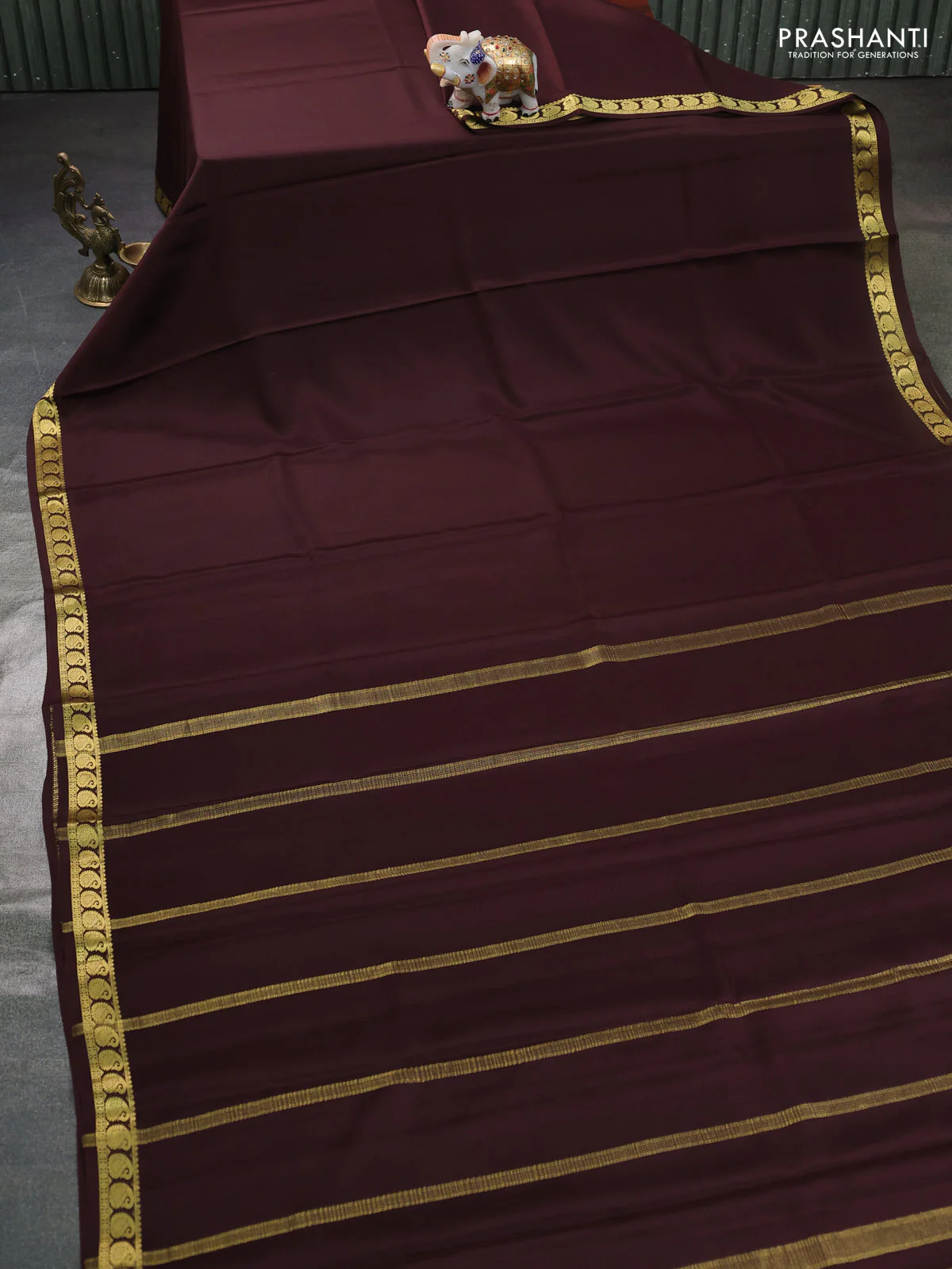 Pure mysore silk saree coffee brown with plain body and paisley zari woven border - Image 2