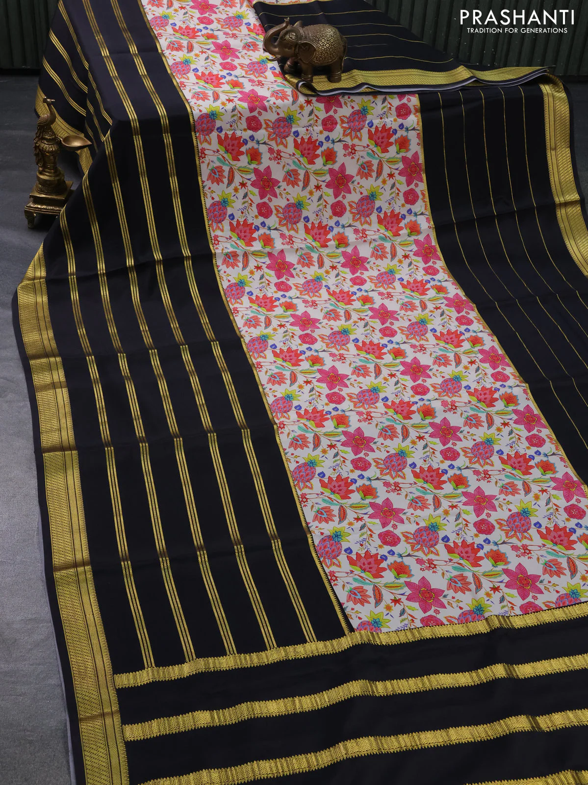 Pure mysore silk saree cream and black with kalamkari digital prints and long zari woven border - Image 2