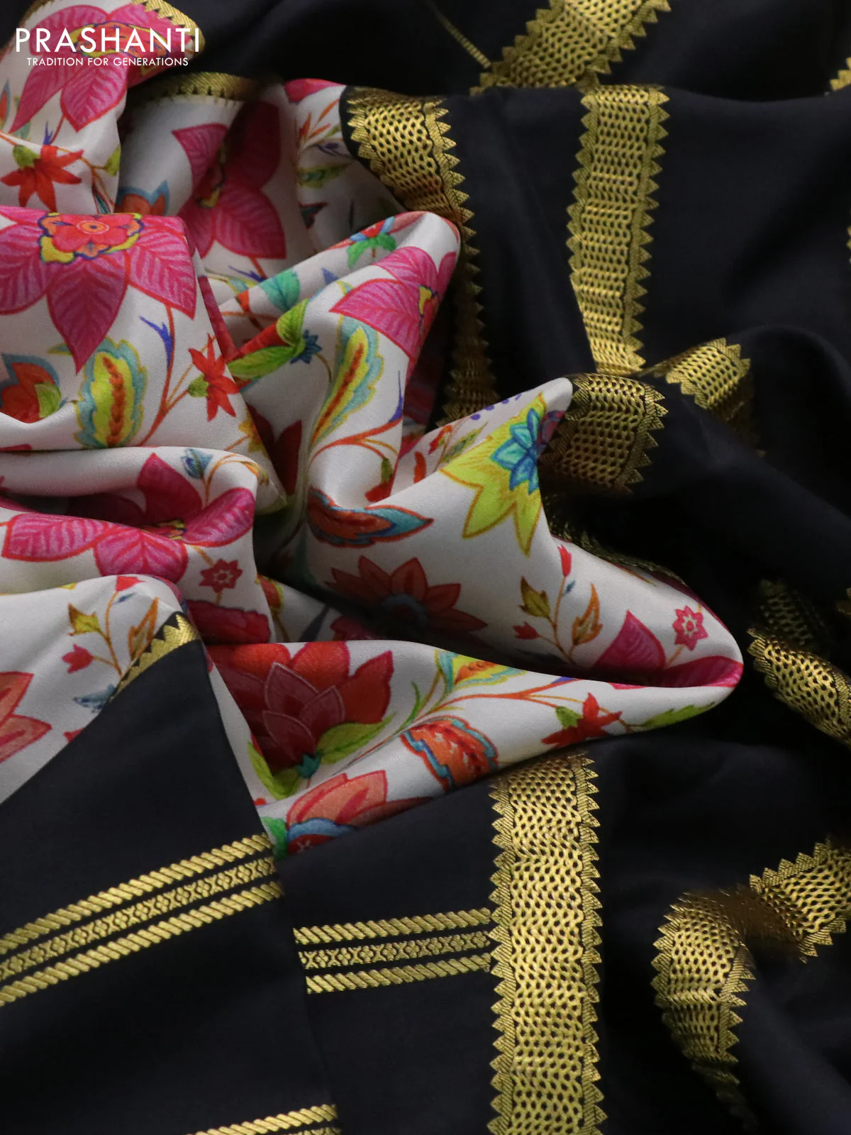 Pure mysore silk saree cream and black with kalamkari digital prints and long zari woven border - Image 3