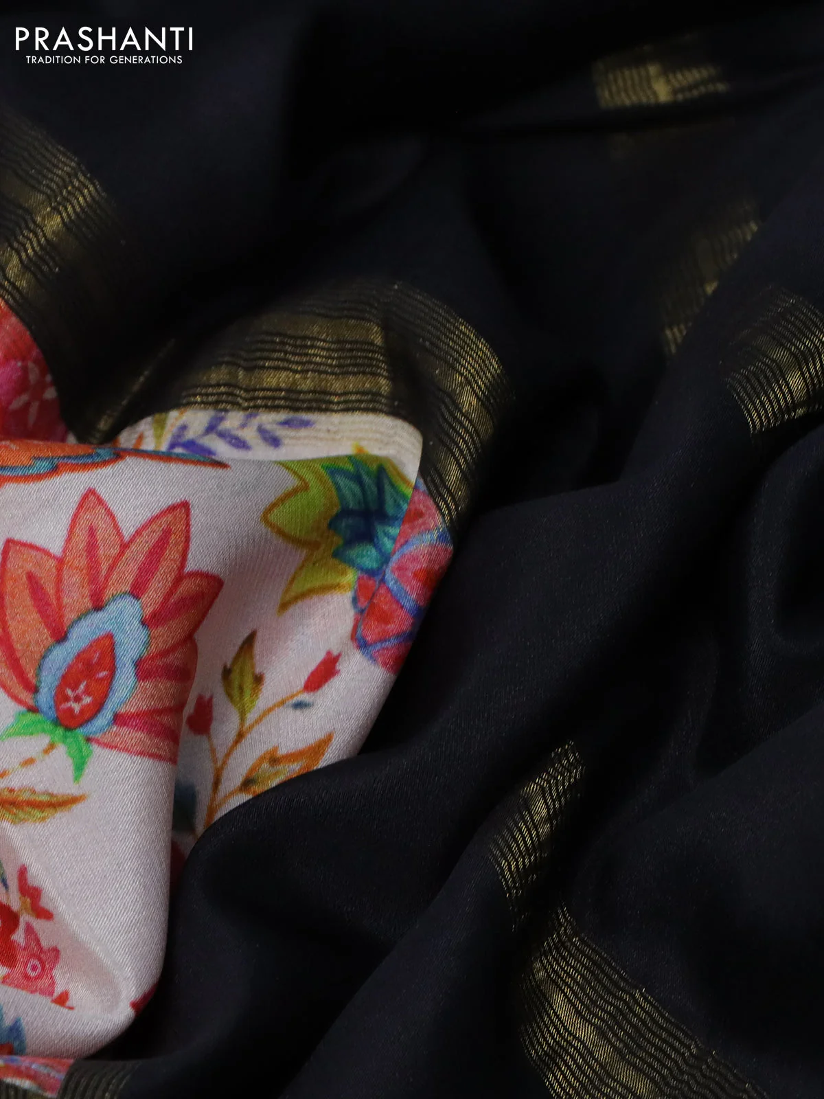 Pure mysore silk saree cream and black with kalamkari digital prints and long zari woven border - Image 3