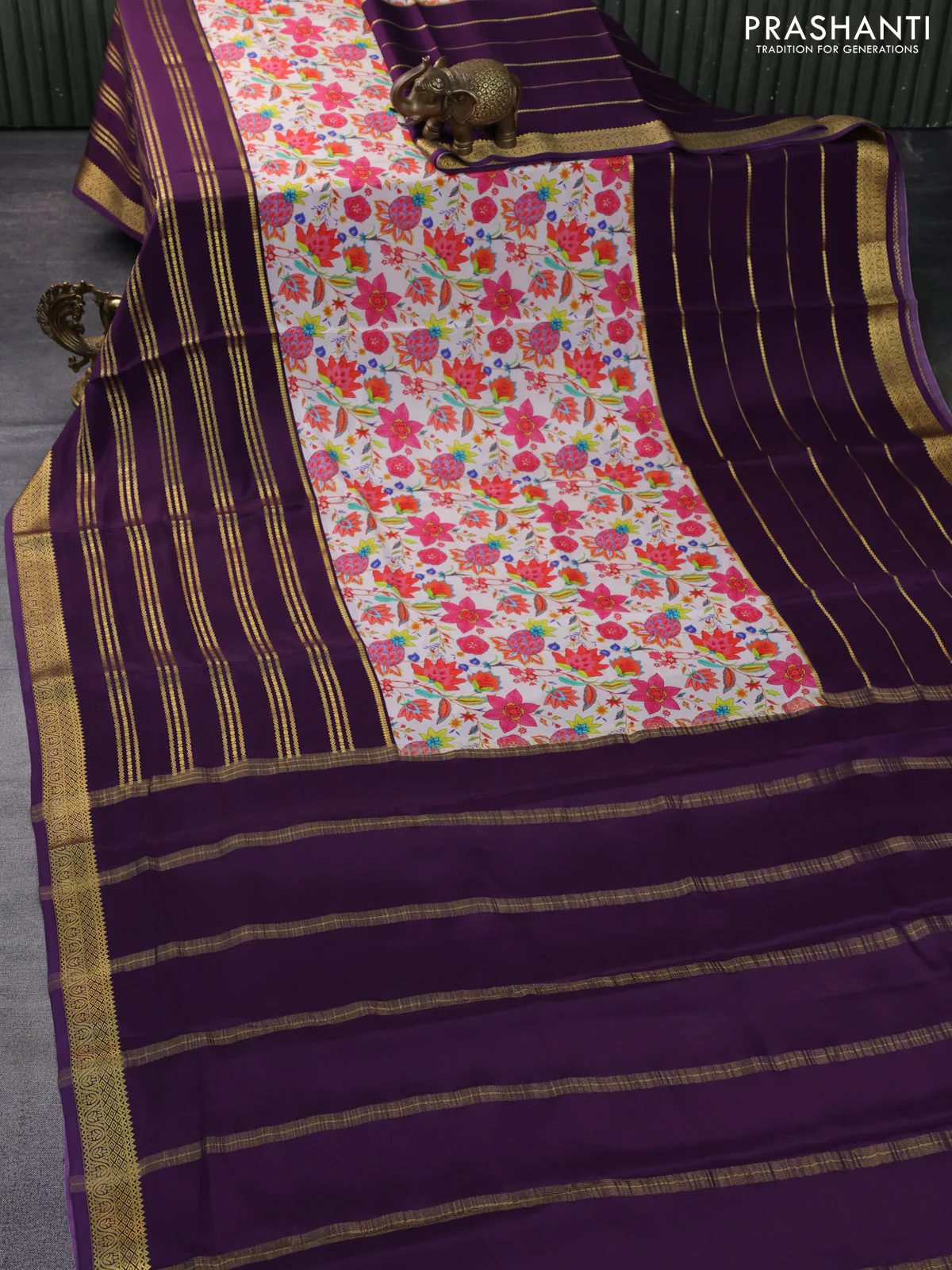 Pure mysore silk saree cream and deep purple with kalamakri digital prints and long zari woven border - Image 2