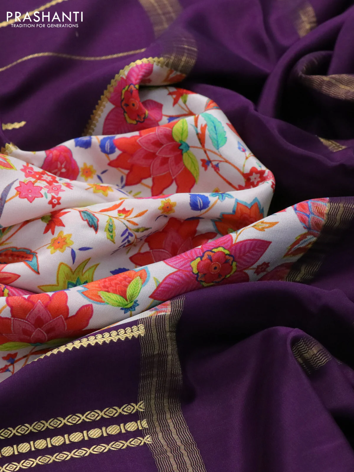 Pure mysore silk saree cream and deep purple with kalamakri digital prints and long zari woven border - Image 3