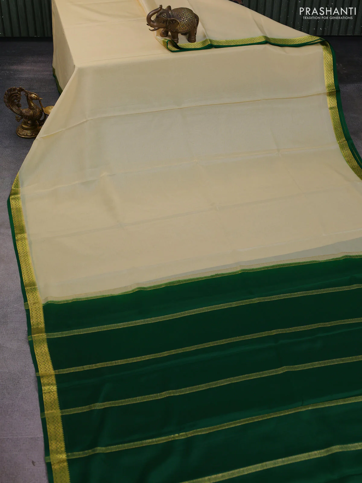 Pure mysore silk saree cream and green with plain body and zari woven border - Image 2