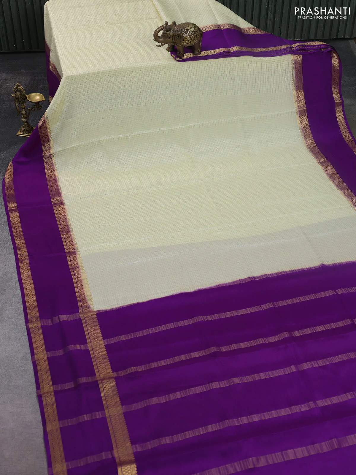 Pure mysore silk saree cream and purple with allover zari woven checked pattern and rettapet zari woven border - Image 2