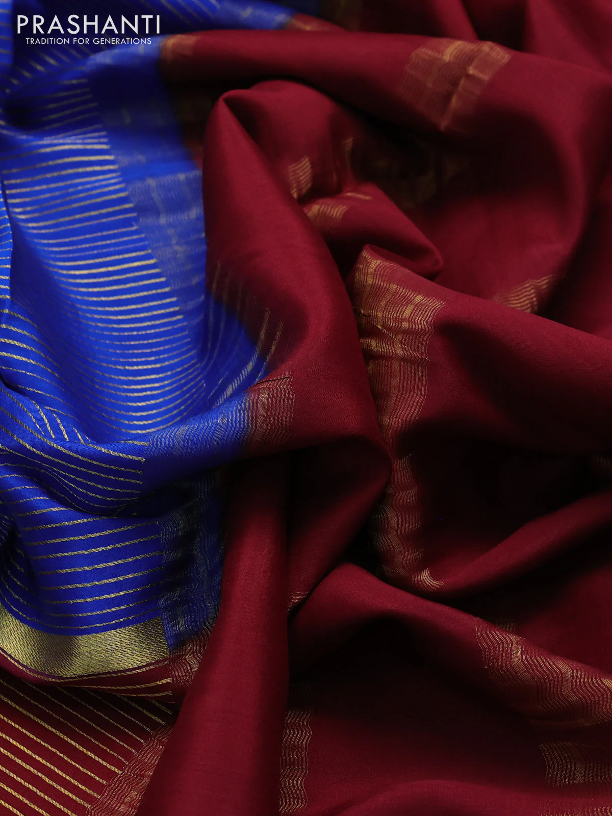 Pure mysore silk saree cs blue and maroon green with allover zari woven stripes pattern and zari woven border - Image 3