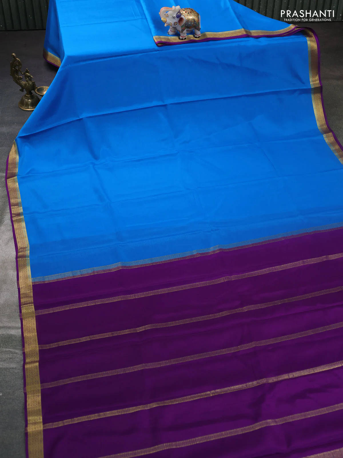 Pure mysore silk saree cs blue and purple with plain body and zari woven border - Image 2