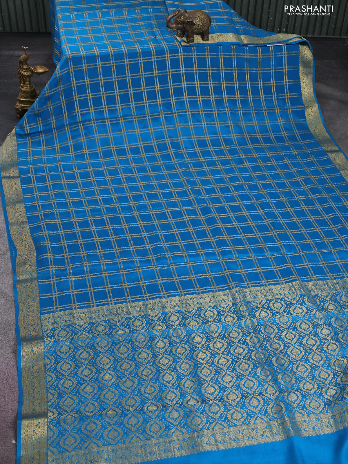 Pure mysore silk saree cs blue with allover zari checked pattern and zari woven border - Image 2