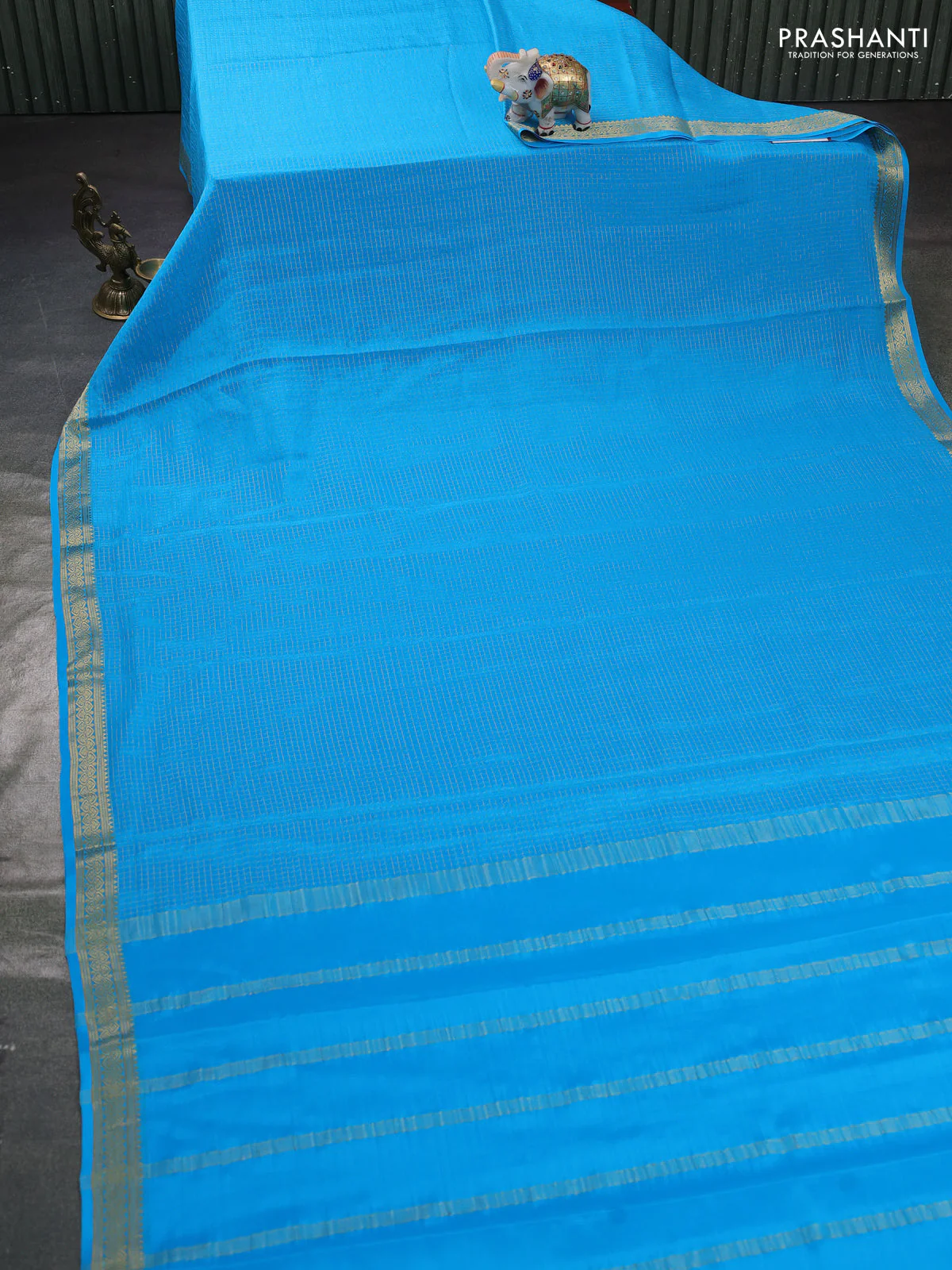 Pure mysore silk saree cs blue with allover zari small checked pattern and zari woven border - Image 2