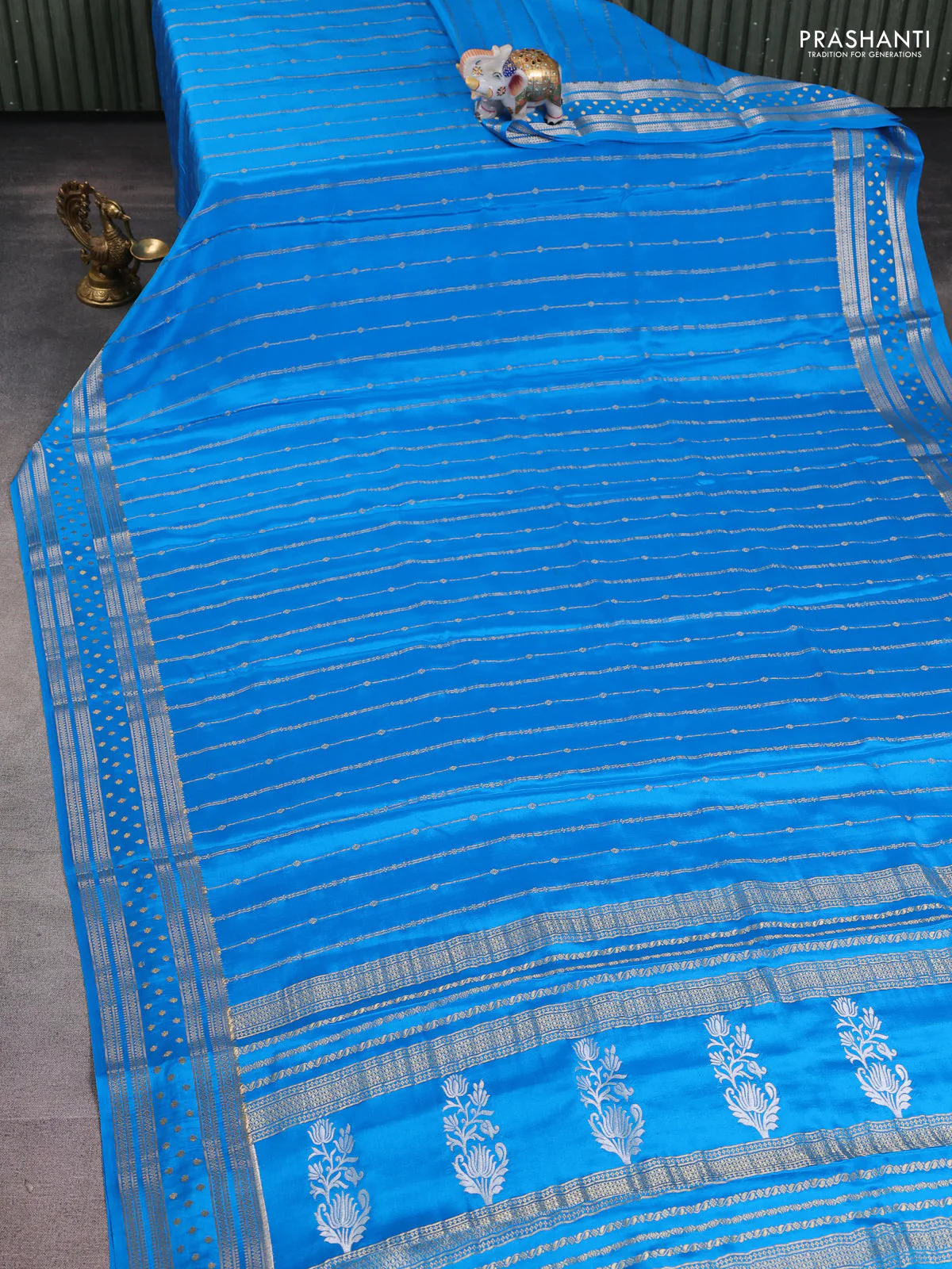 Pure mysore silk saree cs blue with allover zari weaves and zari woven border - Image 2