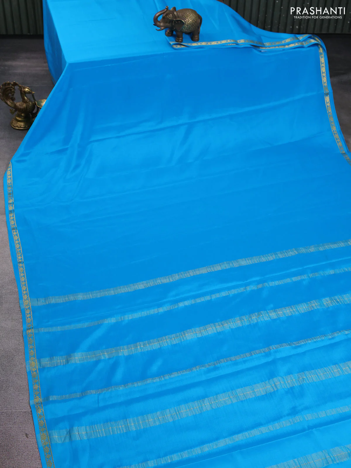 Pure mysore silk saree cs blue with plain body and small zari woven border - Image 2