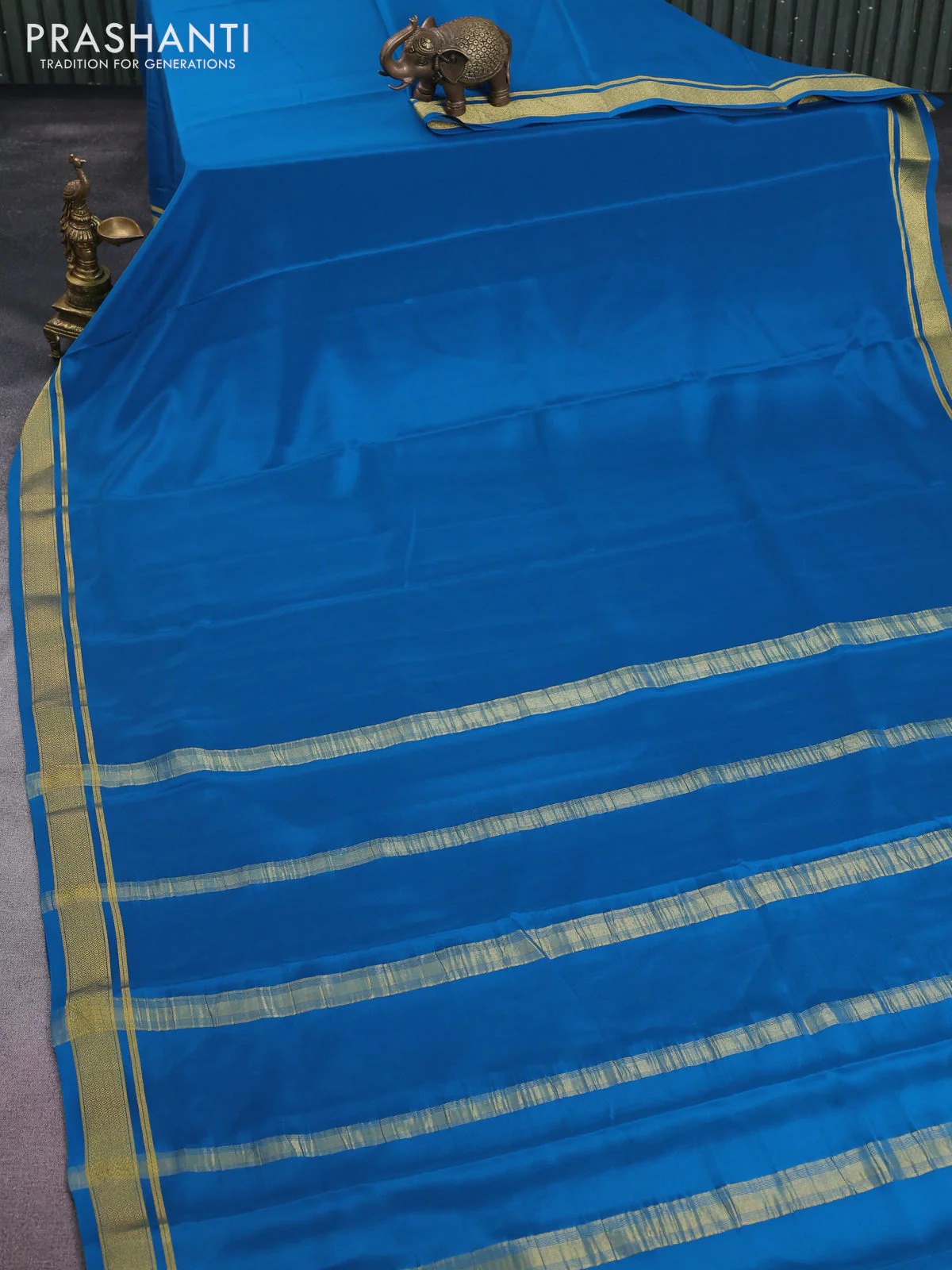 Pure mysore silk saree cs blue with plain body and zari woven border - Image 2