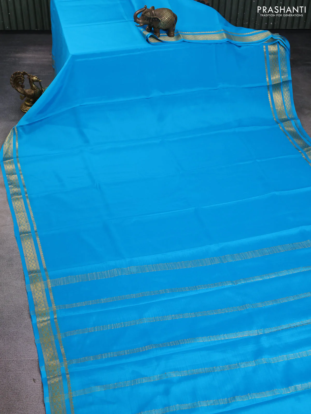 Pure mysore silk saree cs blue with plain body and zari woven border - Image 2