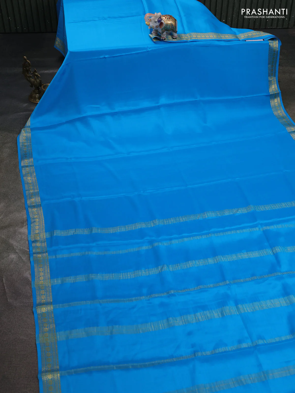 Pure mysore silk saree cs blue with plain body and zari woven border - Image 2