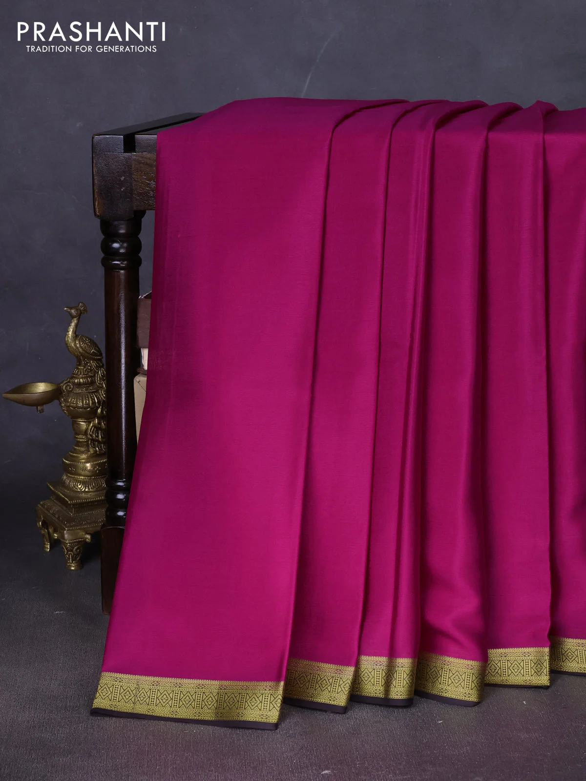 Pure mysore silk saree dark pink and coffee brown with plain body and zari woven border