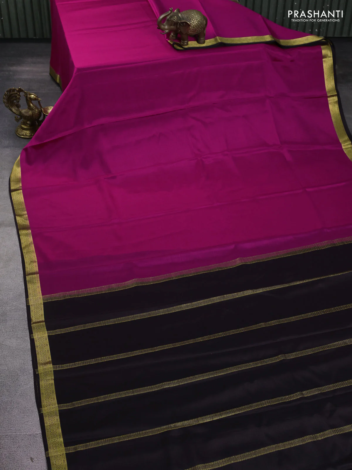 Pure mysore silk saree dark pink and coffee brown with plain body and zari woven border - Image 2