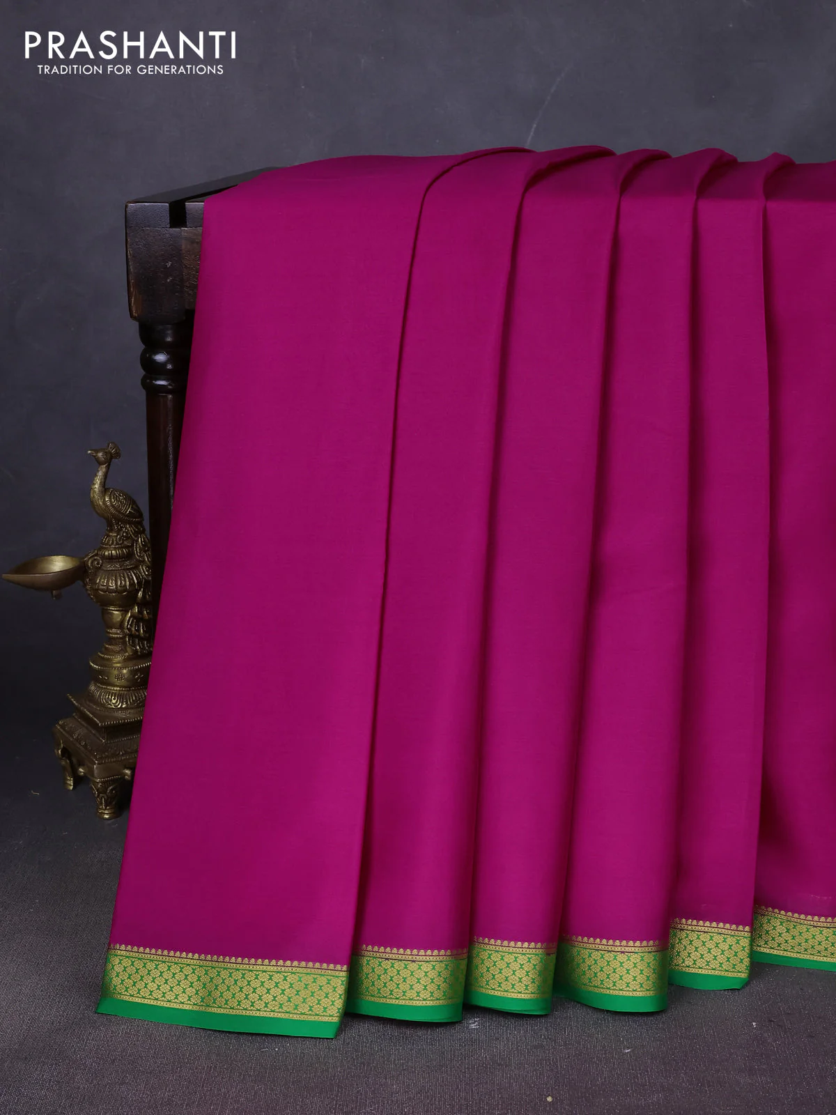Pure mysore silk saree dark pink and green with plain body and zari woven border
