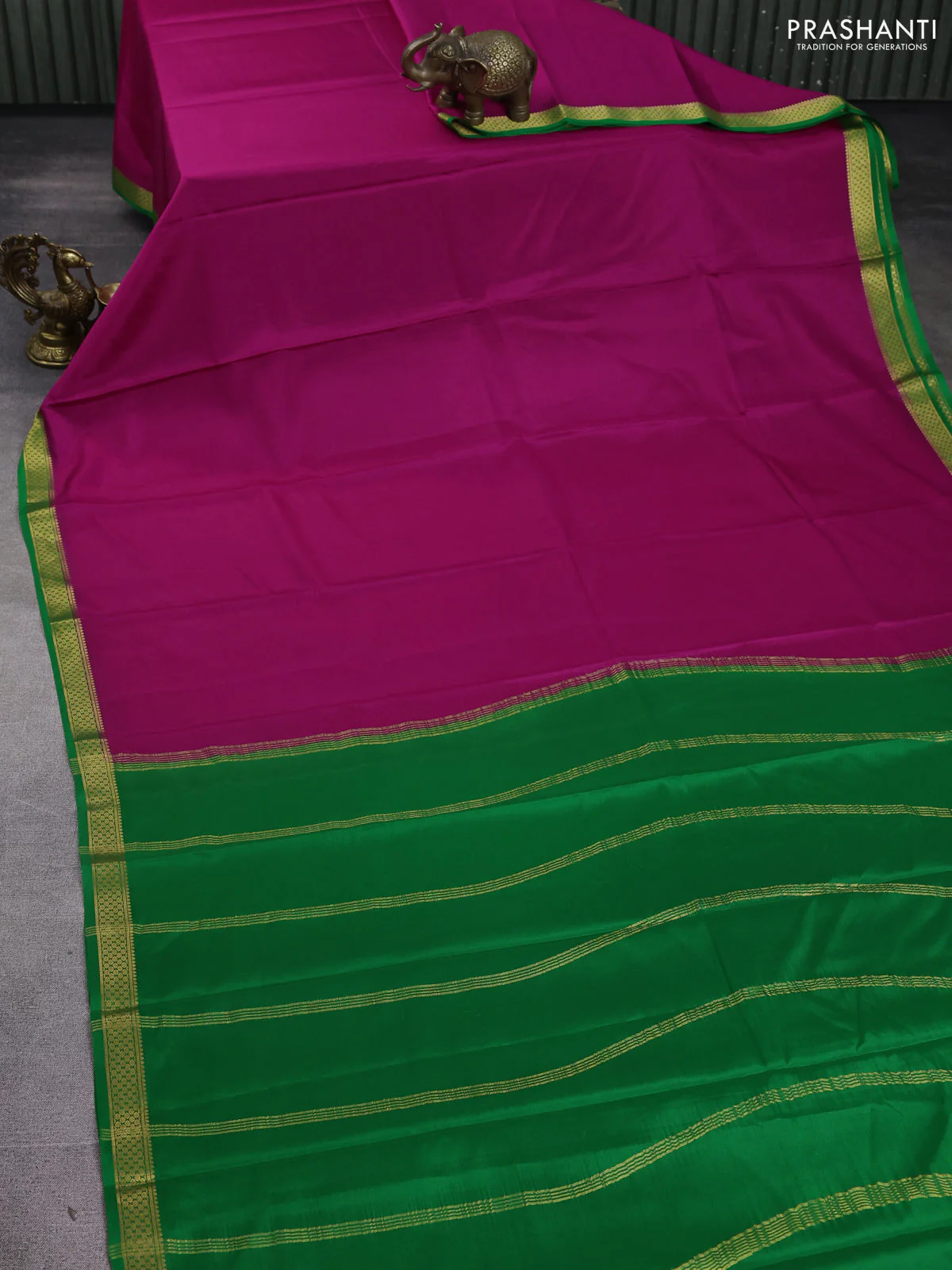 Pure mysore silk saree dark pink and green with plain body and zari woven border - Image 2
