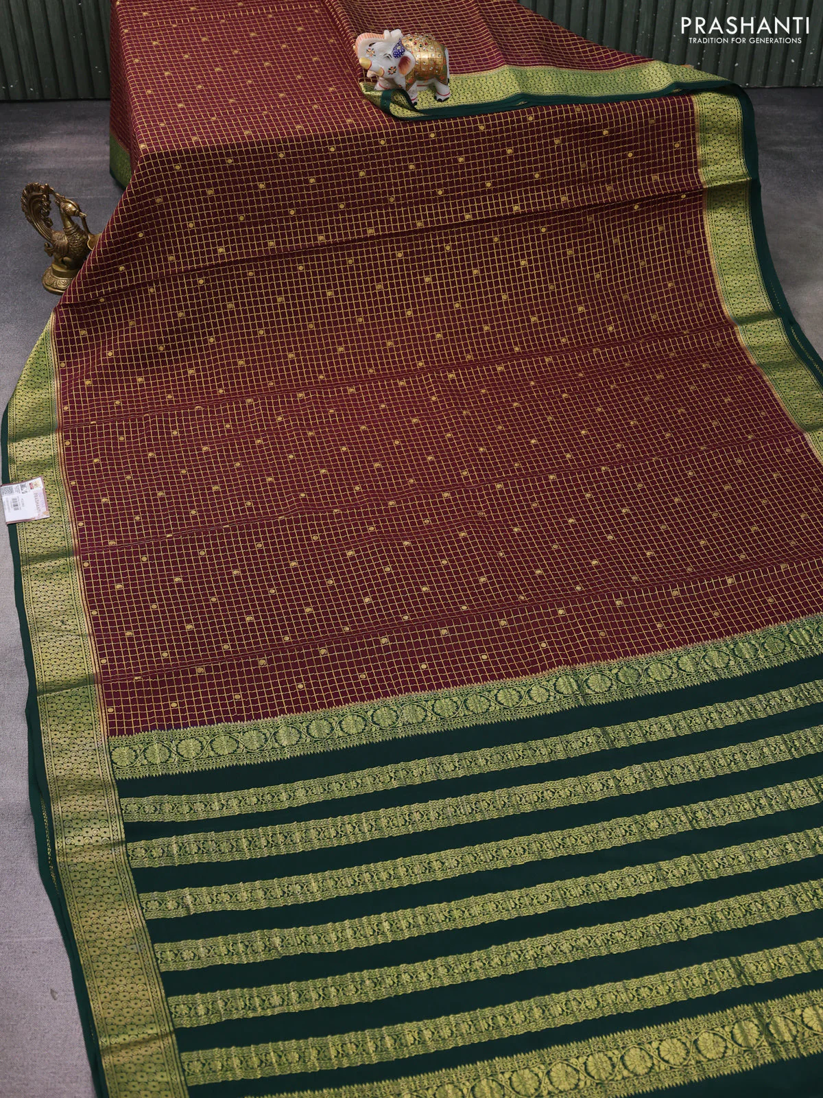 Pure mysore silk saree deep maroon and bottle green with allover zari checks & buttas and zari woven border - Image 2