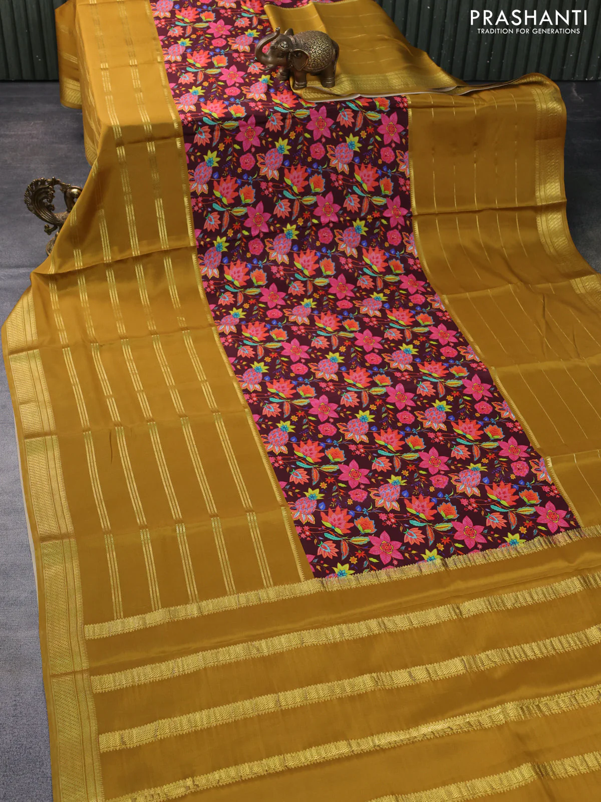 Pure mysore silk saree deep maroon and dark mustard with kalamkari digital prints and long zari woven border - Image 2