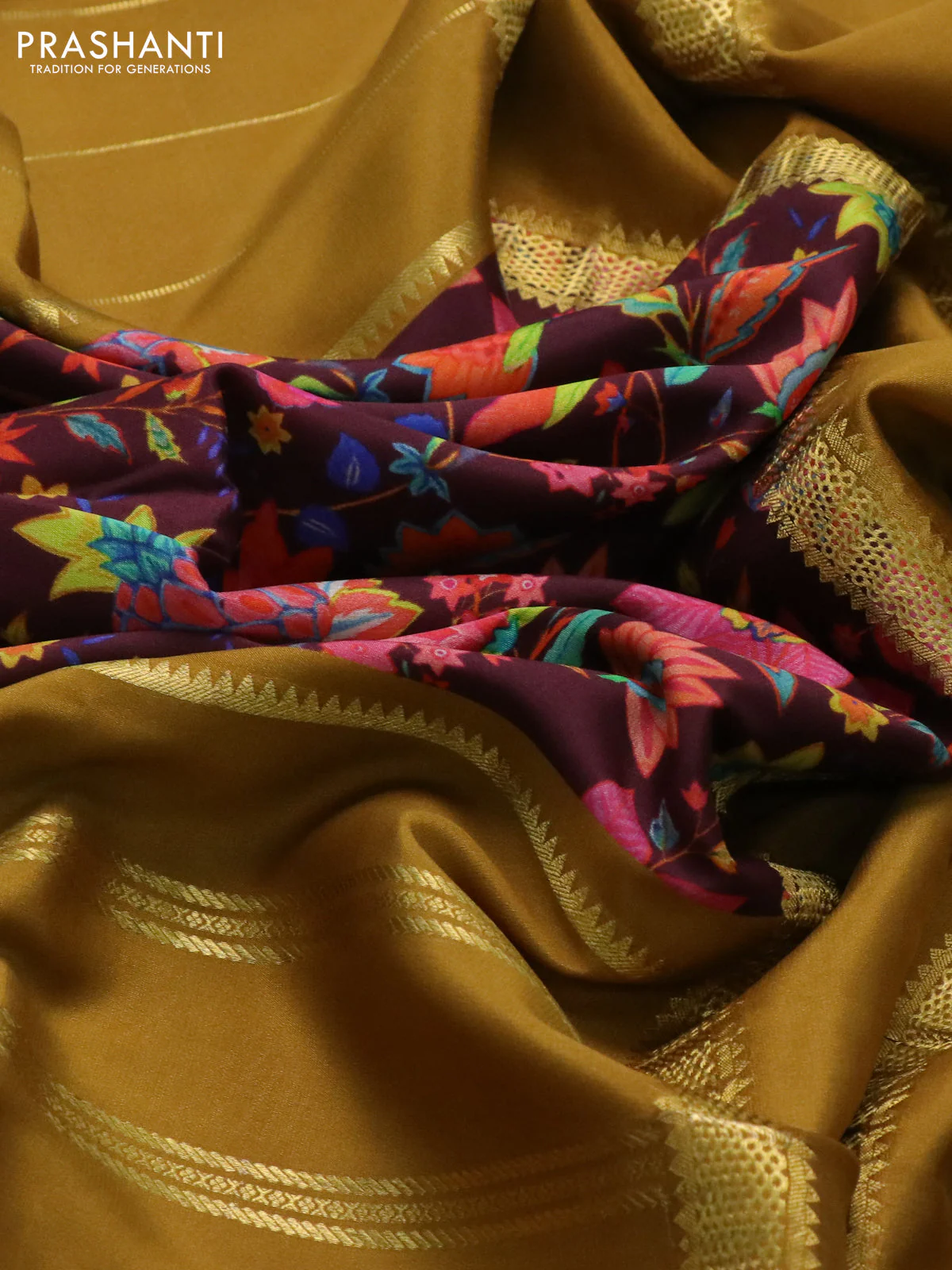 Pure mysore silk saree deep maroon and dark mustard with kalamkari digital prints and long zari woven border - Image 3